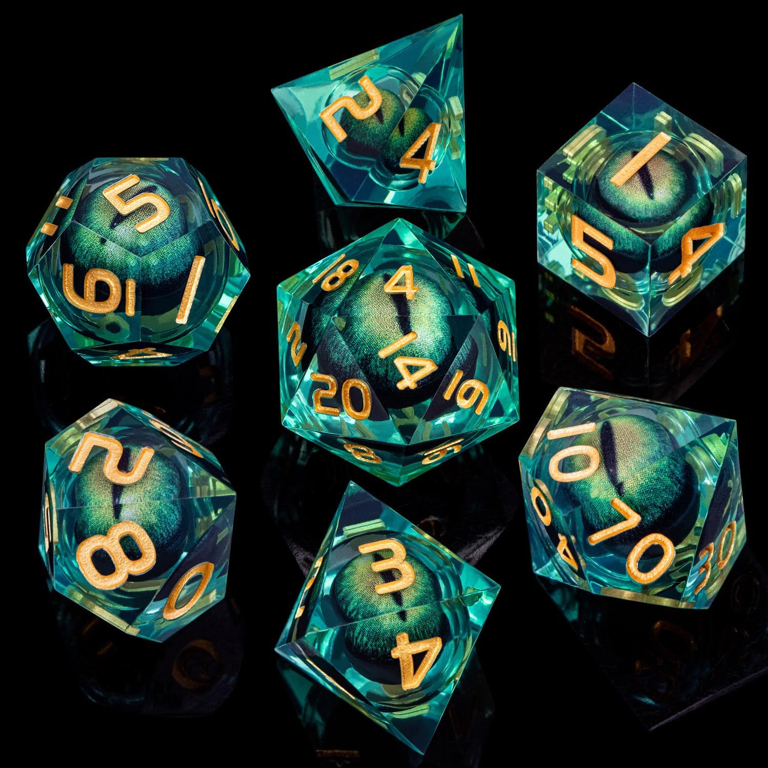ARUOHHA DND – Juego de dados de resina con núcleo líquido D y D de ojo de dragón con caja de regalo, dados de bordes afilados verdes, mazmorras y