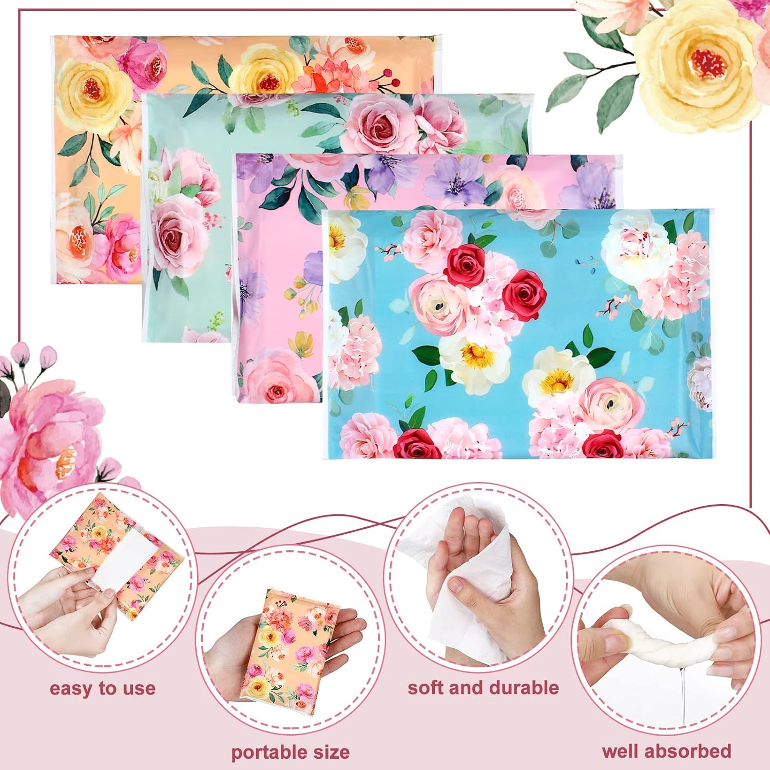 40 pañuelos florales de viaje de 3 capas, paquete delgado de bolsillo para cartera, pañuelos faciales, tamaño de viaje, artículos esenciales de