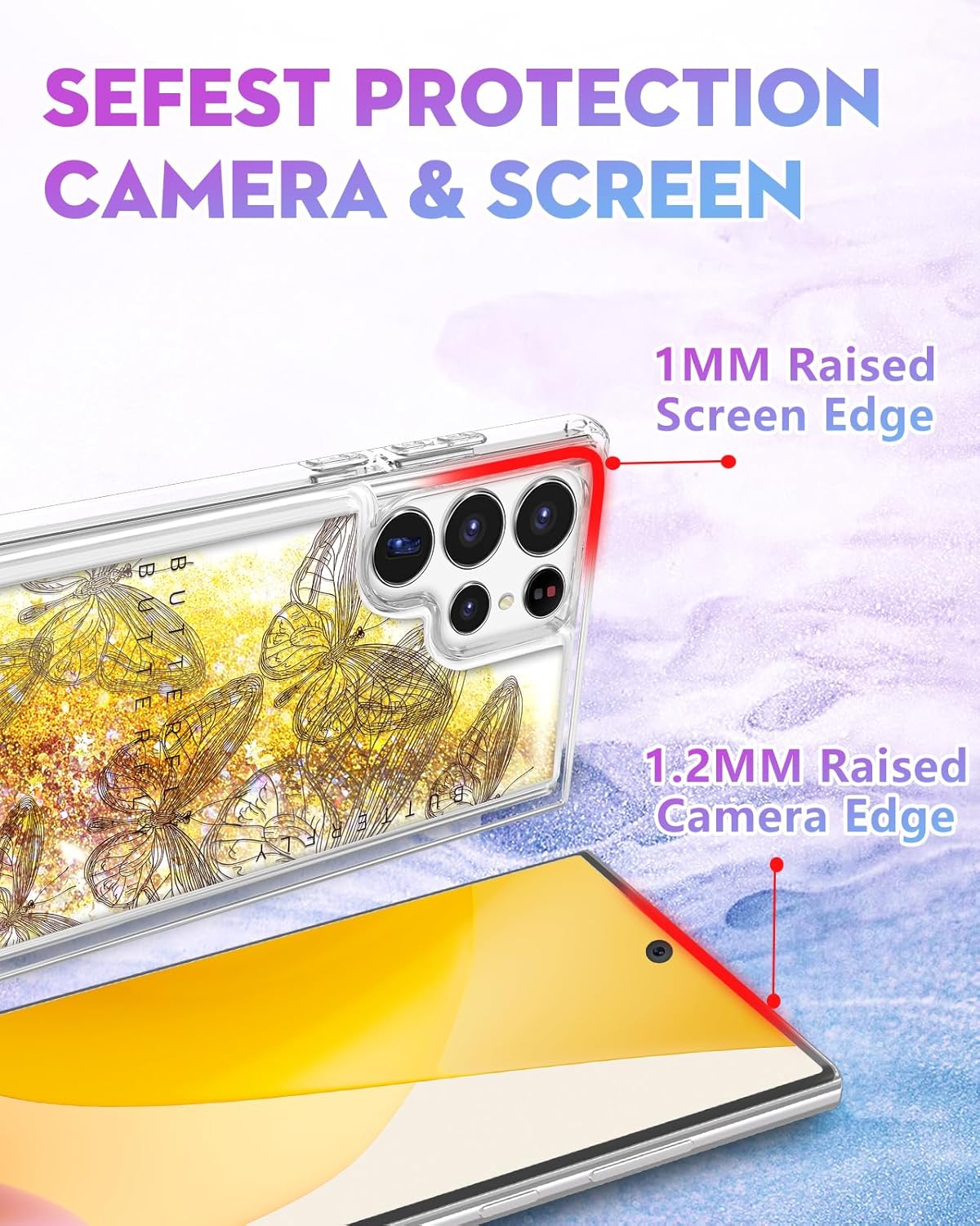 Funda para Samsung Galaxy S22 Ultra con purpurina líquida de arena movediza linda mariposa estética bonita divertida cubierta de diseño brillante