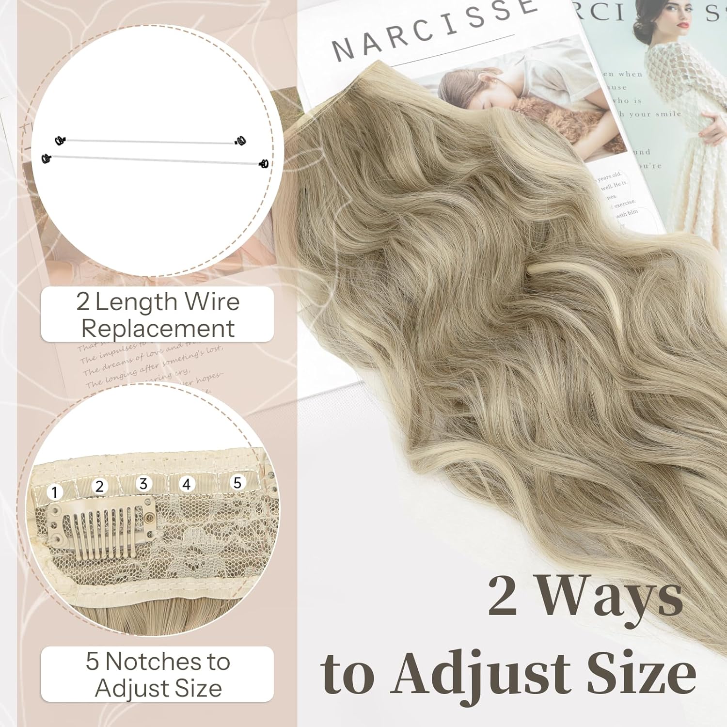 KooKaStyle Extensiones de cabello con alambre invisible con diadema transparente, tamaño ajustable, 4 clips de seguridad, largo, ondulado, alambre