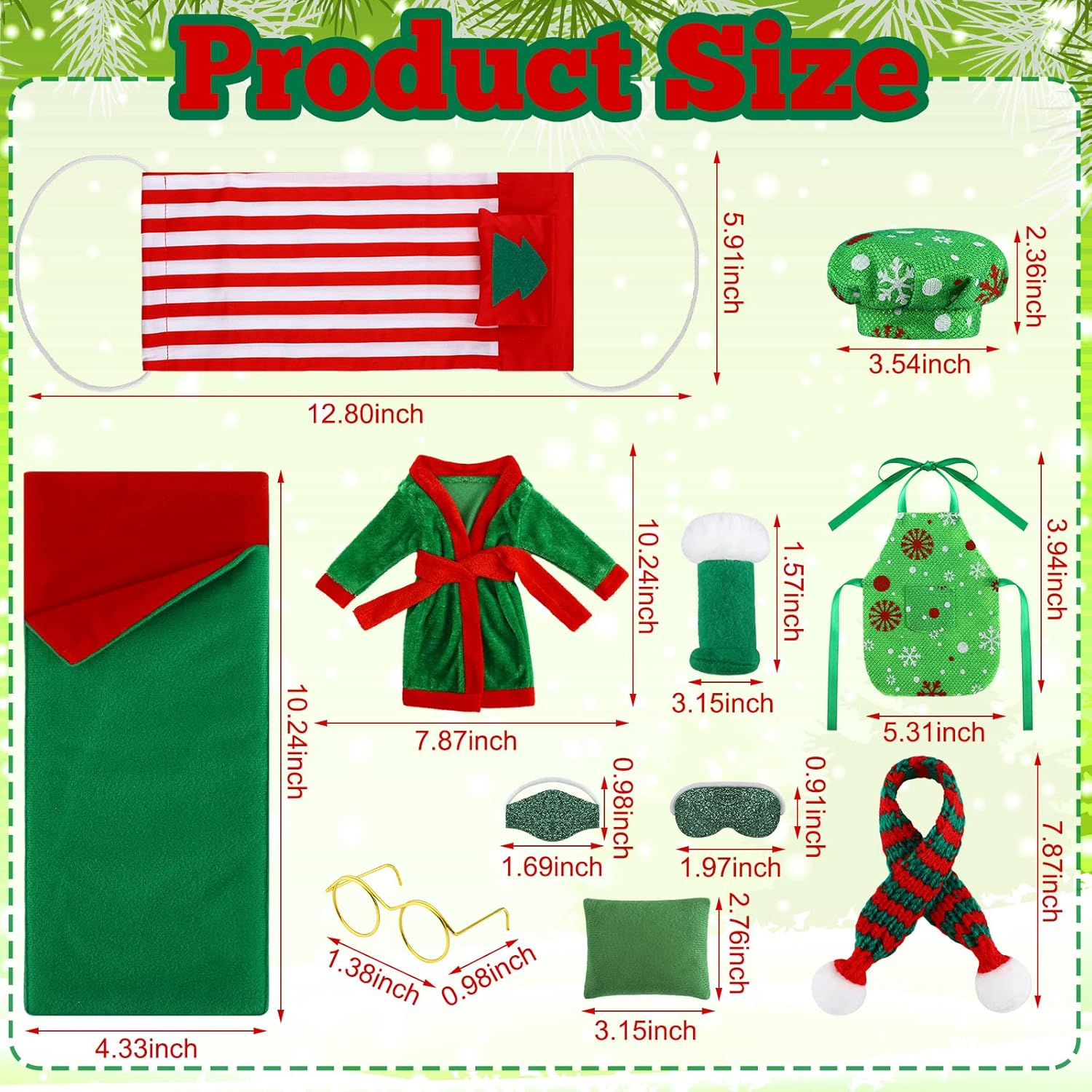 11 piezas de saco de dormir accesorio de Navidad para muñeca elfo, incluye muñeca de Navidad, saco de dormir, albornoz, delantal, sombrero de chef,