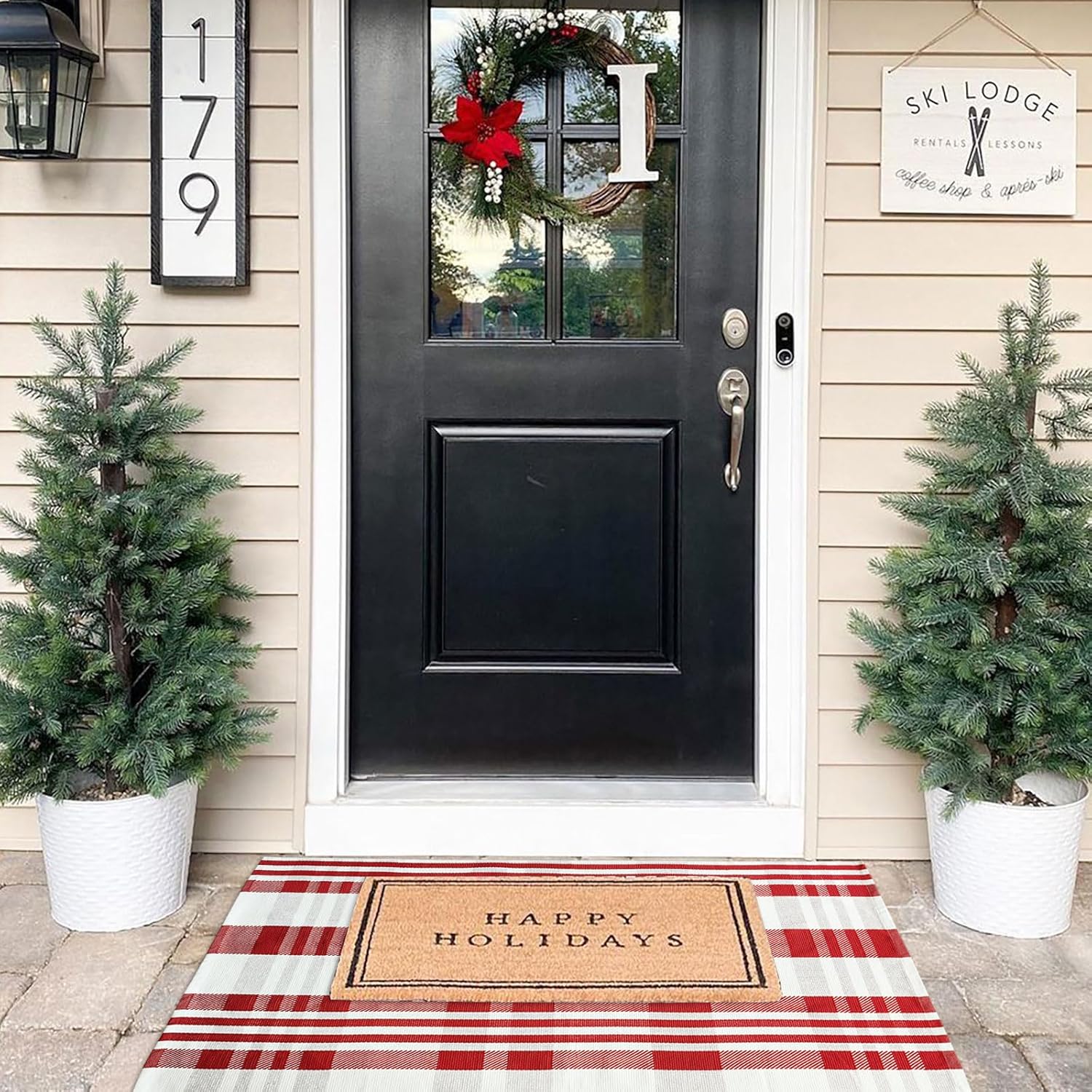 Alfombra de Navidad a cuadros para exteriores, 27.5 x 43 pulgadas, alfombra de área de cuadros rojos y blancos para interiores y exteriores,