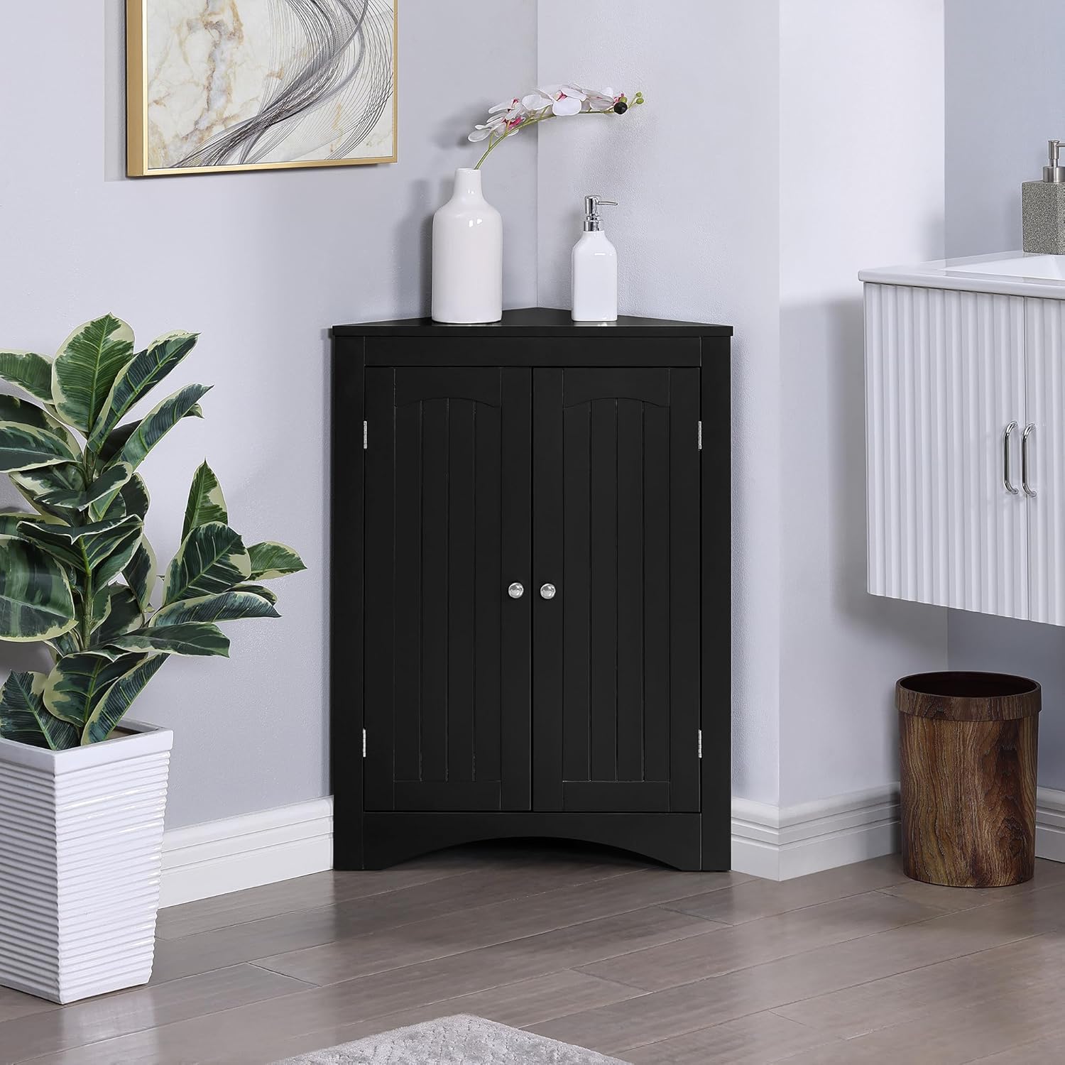 Bellemave Armario esquinero de baño con puertas y estantes ajustables, gabinete de almacenamiento triangular para baño, aparador independiente para