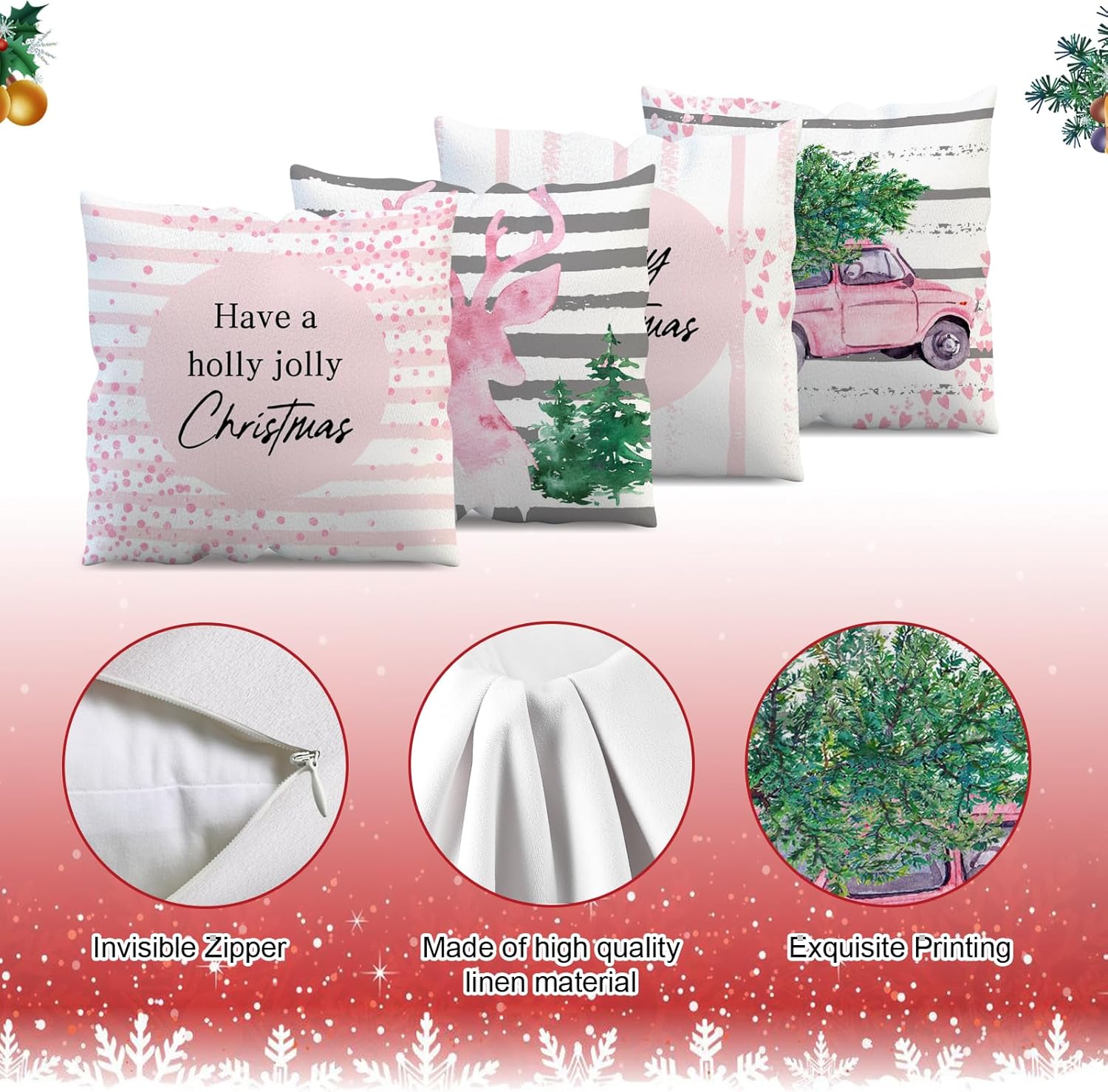APROPHIC Juego de 4 fundas de almohada rosas de Navidad de 18 x 18 pulgadas, decoración de vacaciones de granja a rayas con árboles alegres y renos,