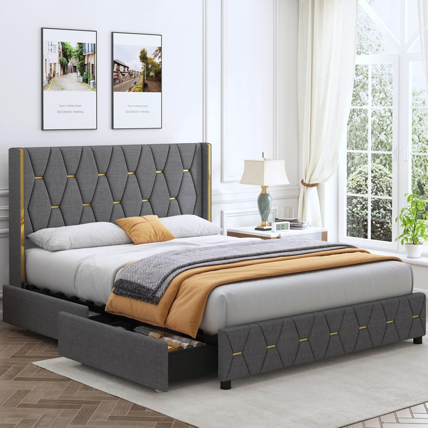 Base de cama de tamaño matrimonial con 4 cajones de almacenamiento y cabecera con respaldo de ala, marco de cama tapizado con luces LED, no necesita