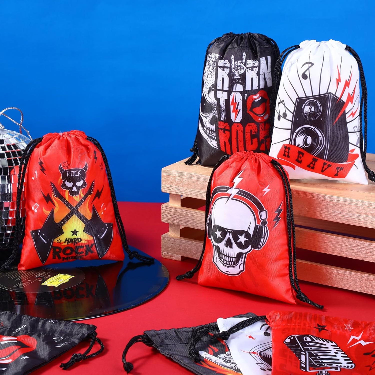 Honoson 24 bolsas con cordón para recuerdos de fiesta de rock and roll, con temática musical, guitarra, caramelos, golosinas, reutilizables, para