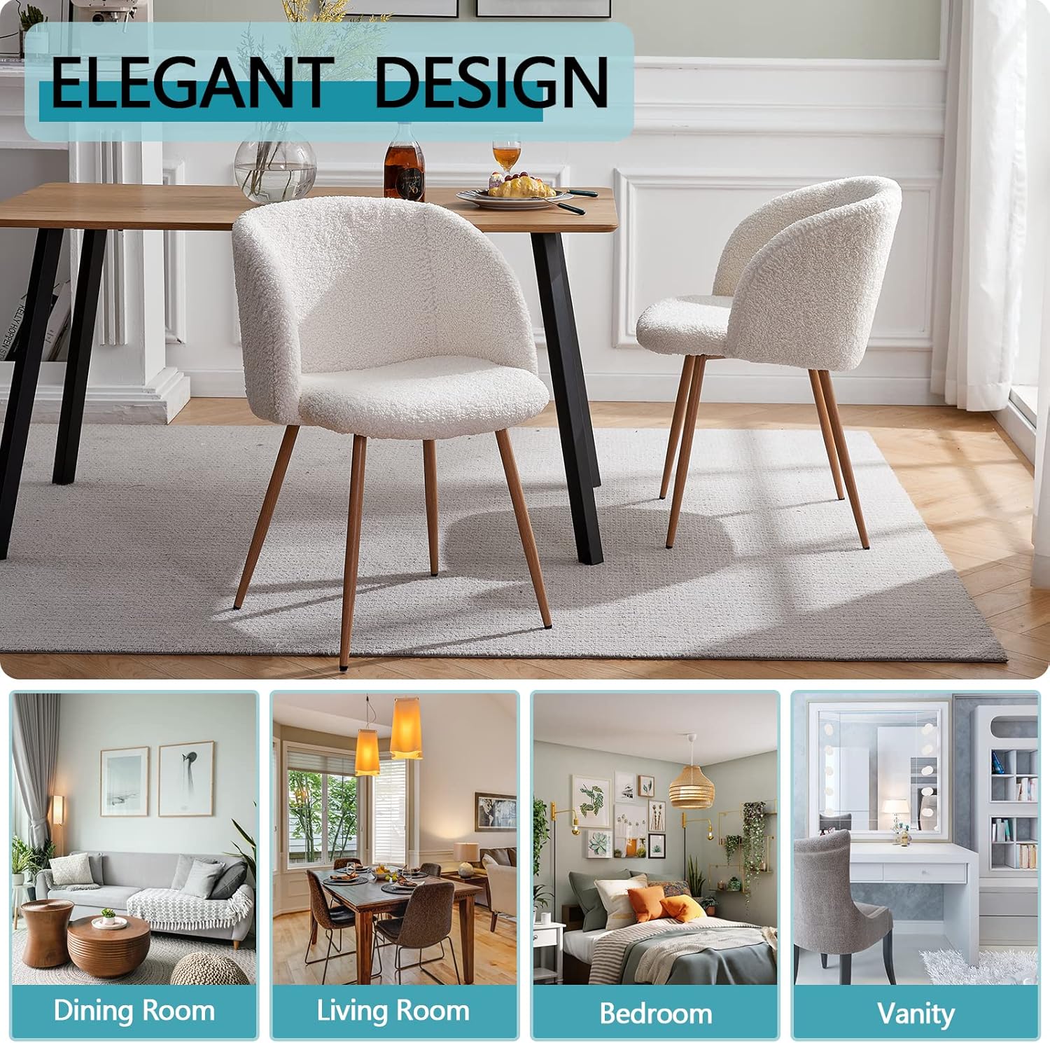 Homtique Juego de 2 sillas de comedor modernas, silla decorativa tapizada de sherpa, silla de ocio con reposabrazos y patas de metal de grano de