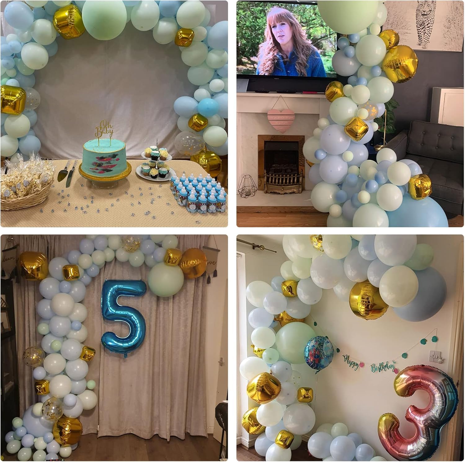 Kit de arco de guirnalda de globos color verde menta pastel y azul con globos dorados metálicos 4D, globo de papel de aluminio, confeti dorado, té