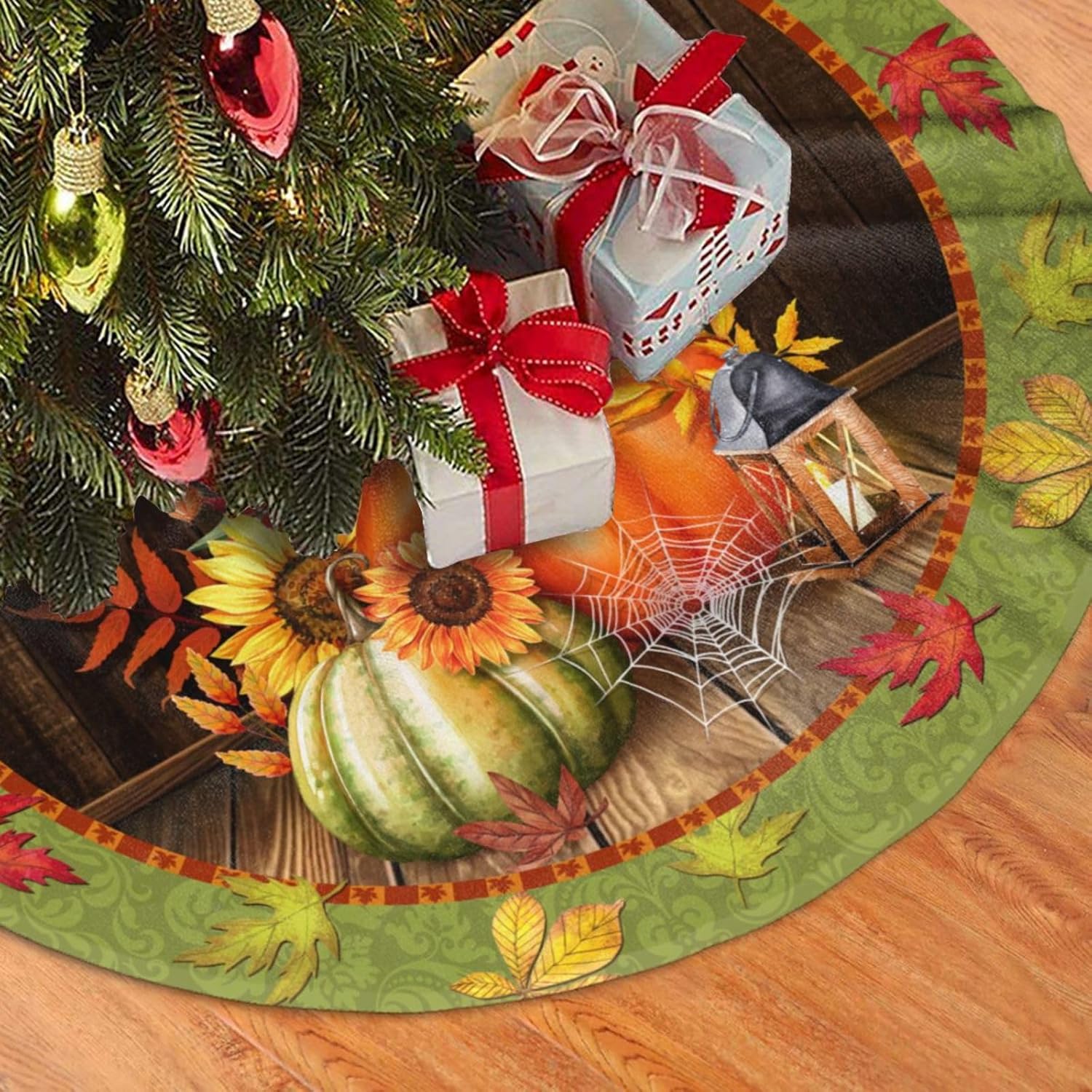 Falda de árbol de Navidad de hoja de arce otoñal, tapete para árbol de Navidad, adornos de árbol de Navidad, decoración de fiesta de vacaciones,