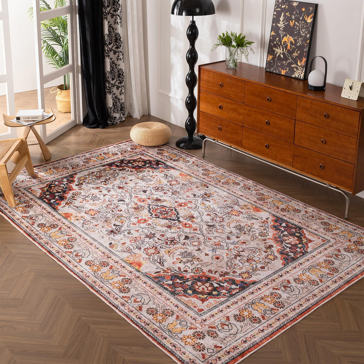 YIHOUSE Alfombras lavables, de 5 x 7, suaves, antideslizantes, vintage, para sala de estar, alfombra de pelo bajo, oriental con estampado floral,