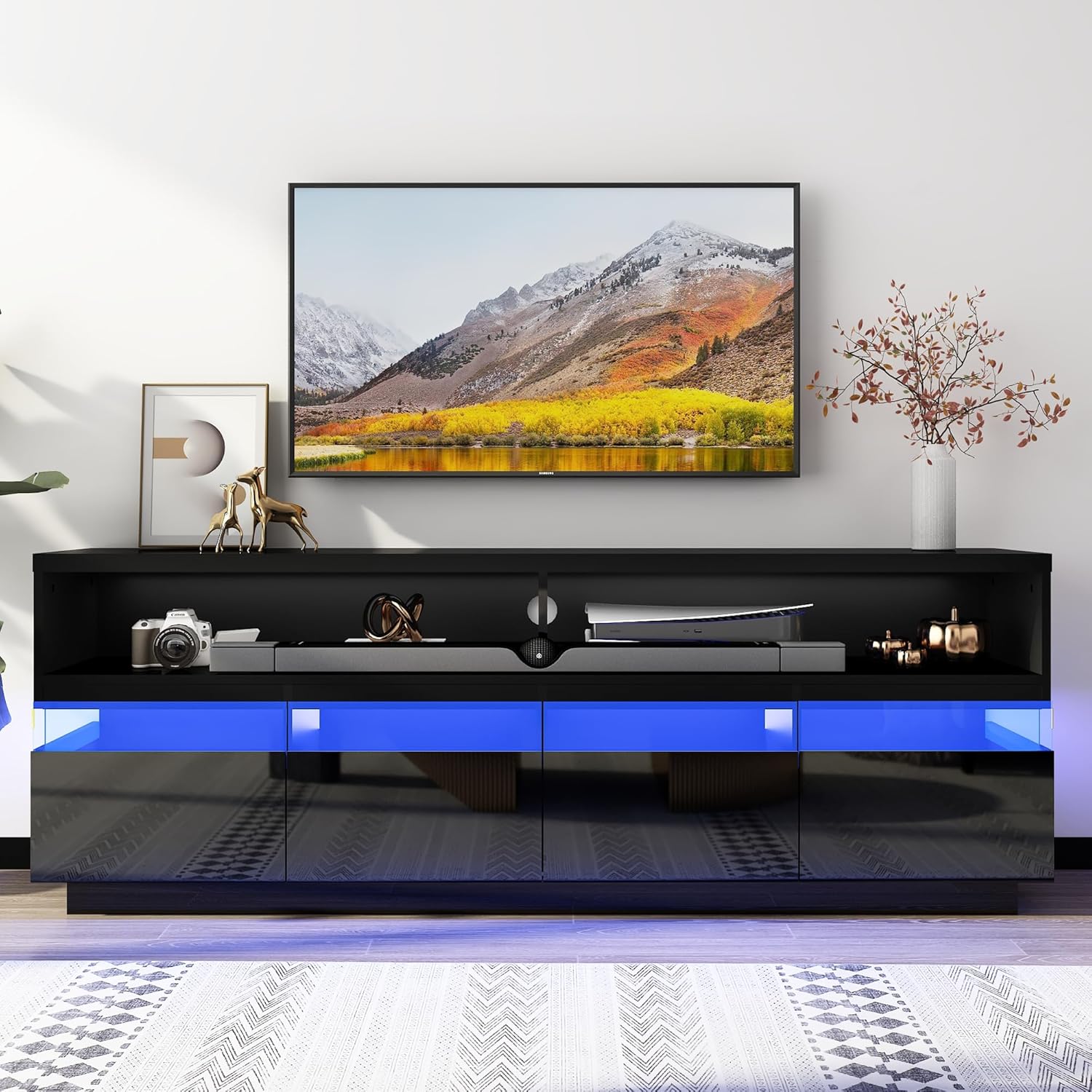 jiteentarou Soporte de TV LED de 66 pulgadas para TV de 606570 pulgadas, soporte de TV negro moderno de alto brillo con gran almacenamiento, centro