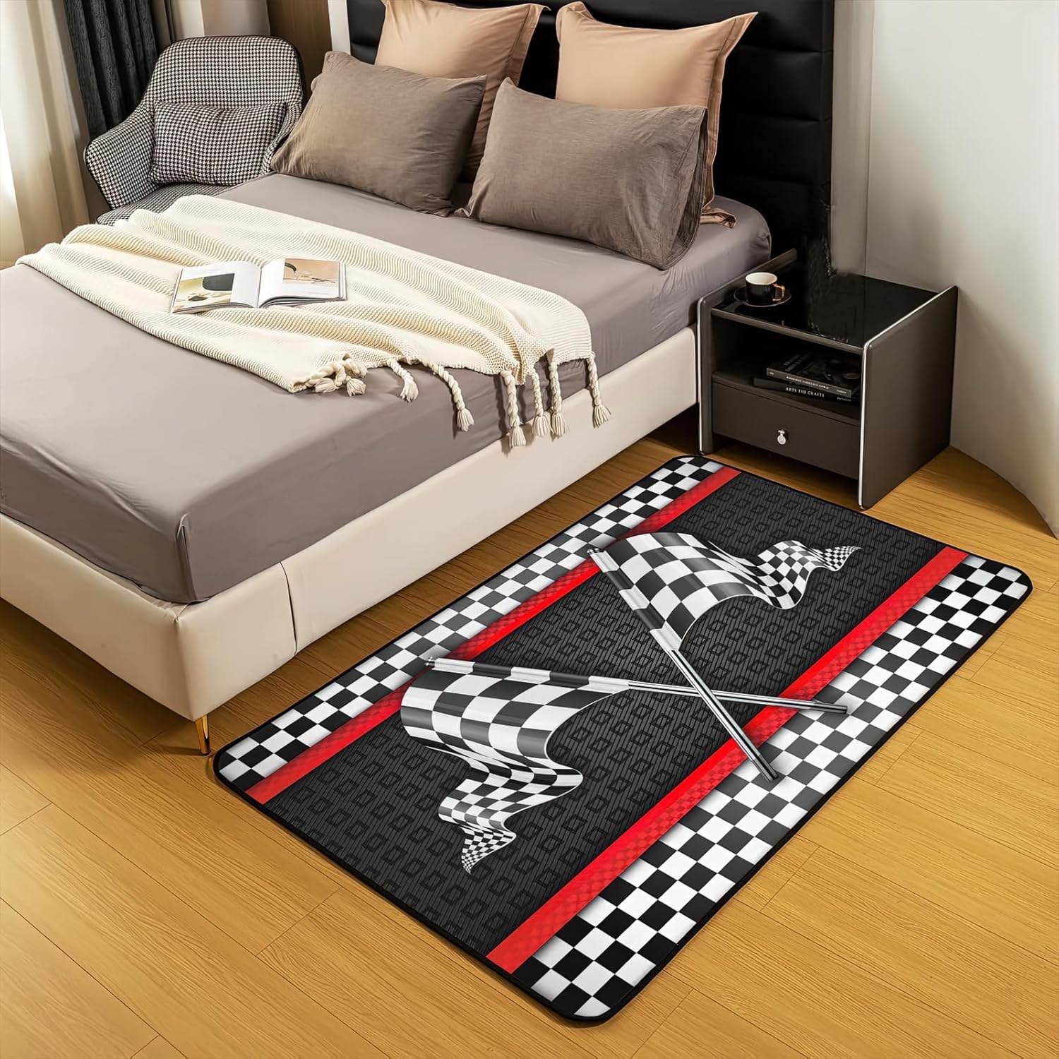 Alfombra de área con bandera a cuadros blancos y negros, fácil de limpiar, alfombra suave antideslizante para niños, adolescentes, niñas, niños,