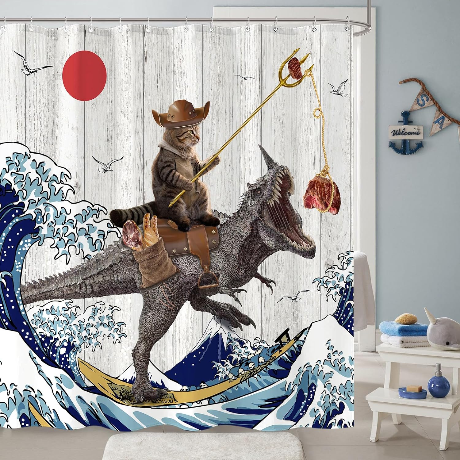 Fowocu Divertida cortina de ducha de dinosaurio con diseño de gato japonés con ondas oceánicas, cortinas de ducha de tela impermeable para baño de