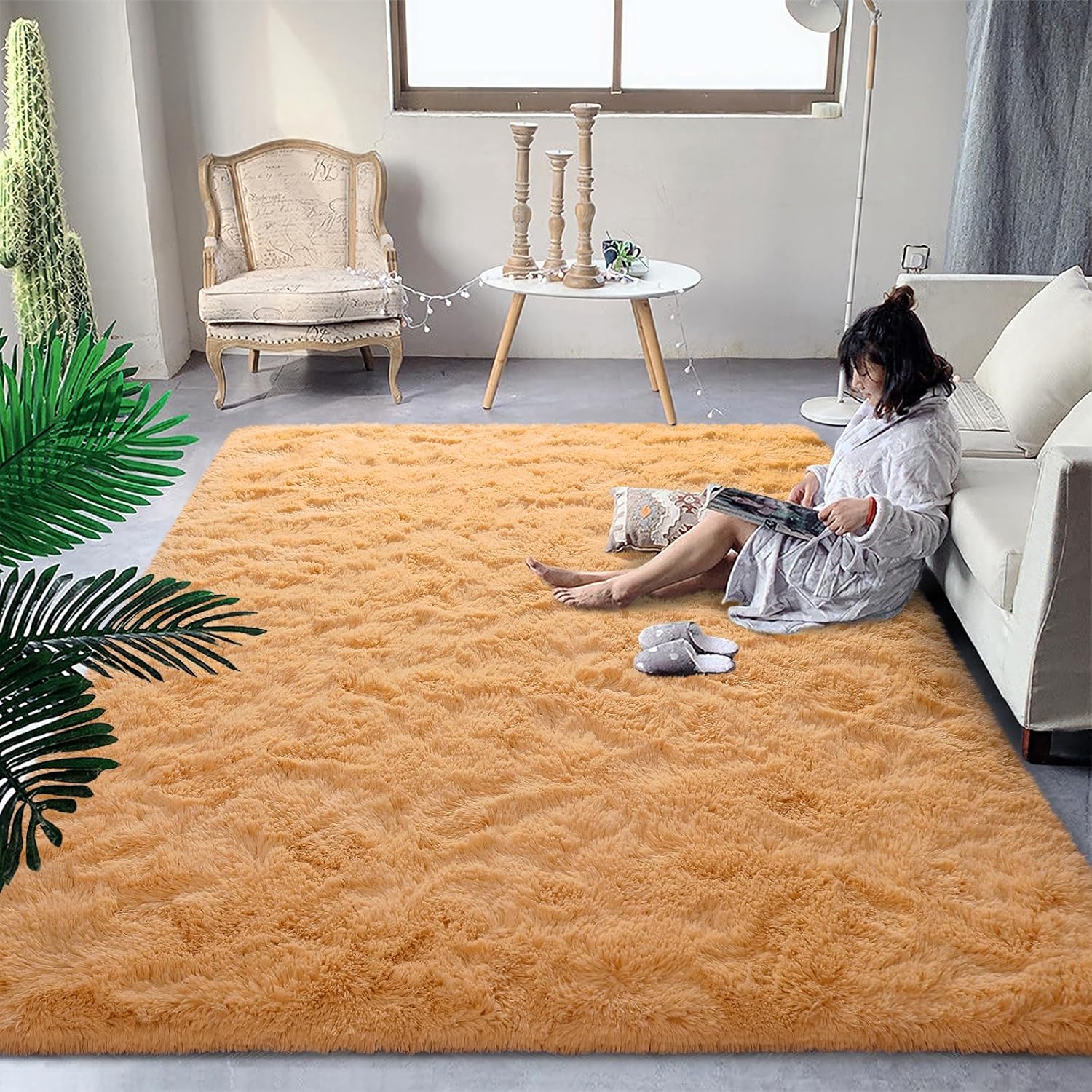 DweIke – Alfombras de área peludas supersuaves y mullidas de 6 x 9 pies, color naranja claro, para sala de estar, dormitorio, habitación de niñas y