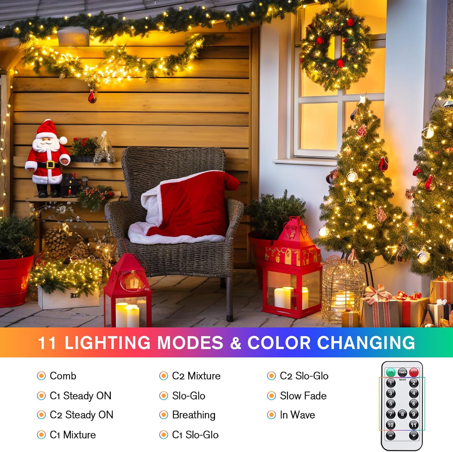 JMEXSUSS Paquete de 2 luces solares de Navidad de color blanco cálido y multicolor con 11 modos de control remoto, cada 100 LED de 42.7 pies, luces