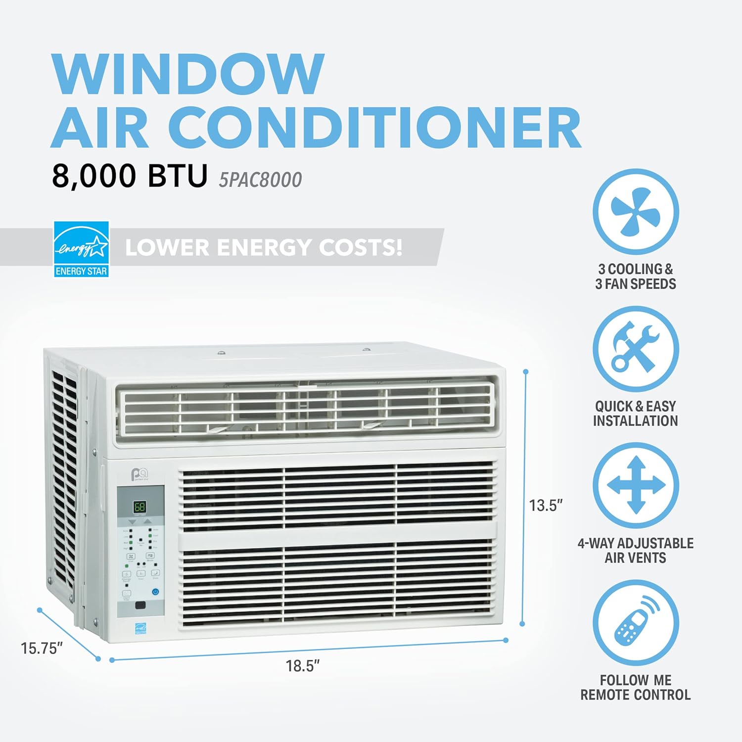 PerfectAire Aire acondicionado Energy Star de 8,000 BTU de 115 voltios con control remoto de función completa, kit de instalación, 350 pies cuadrados