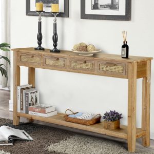 Wnutrees Mesa consola de granja con 4 cajones de ratán, 60 pulgadas de largo, estrechas y bohemias con estantes de almacenamiento abiertos para Wnutrees Mesa consola de granja con 4 cajones de ratán, 60 pulgadas de largo, estrechas y bohemias con estantes de almacenamiento abiertos para