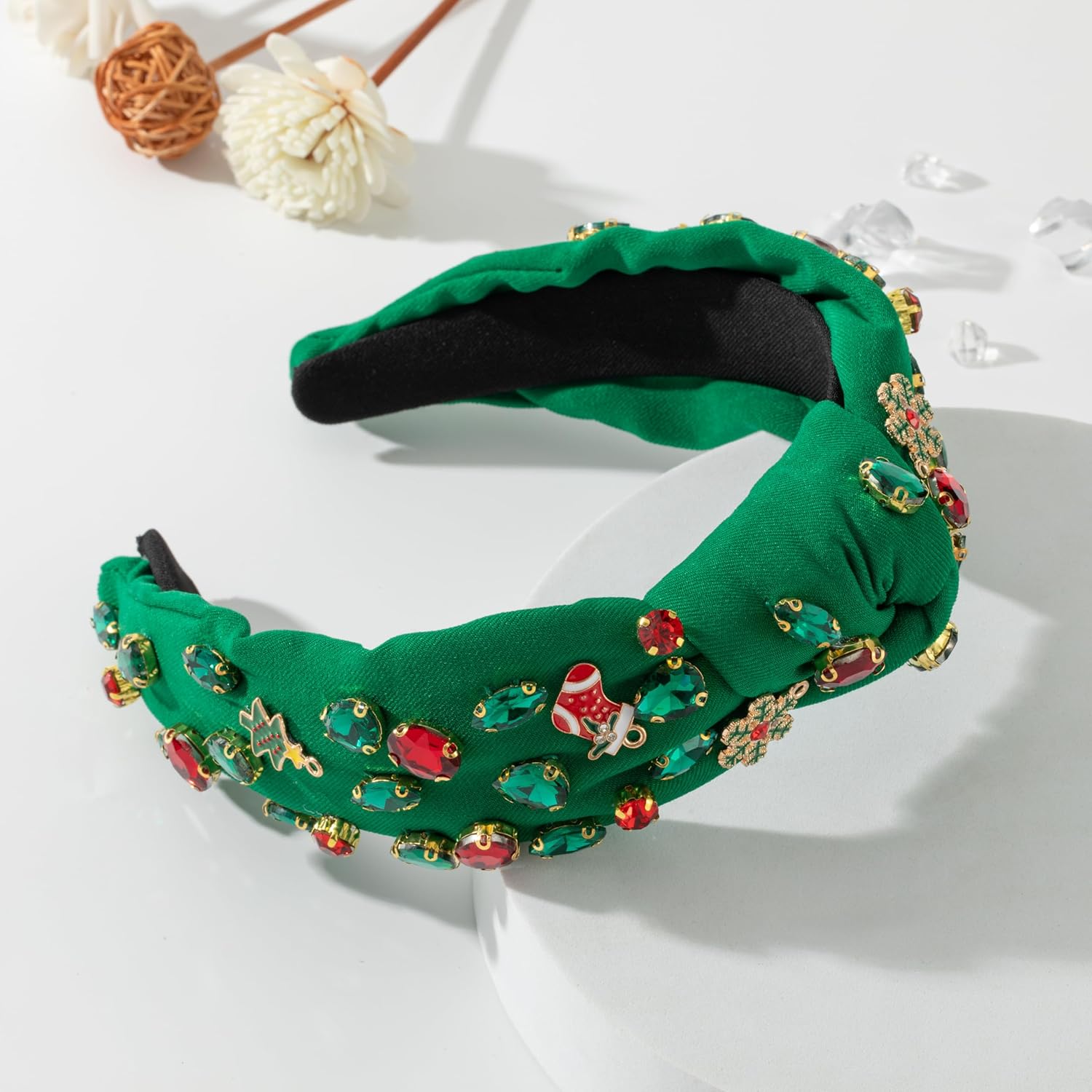 Diadema con joyas de Navidad para mujer, diseño de árbol de Navidad, copo de nieve adornado, diadema anudada para mujer, accesorios de banda ancha