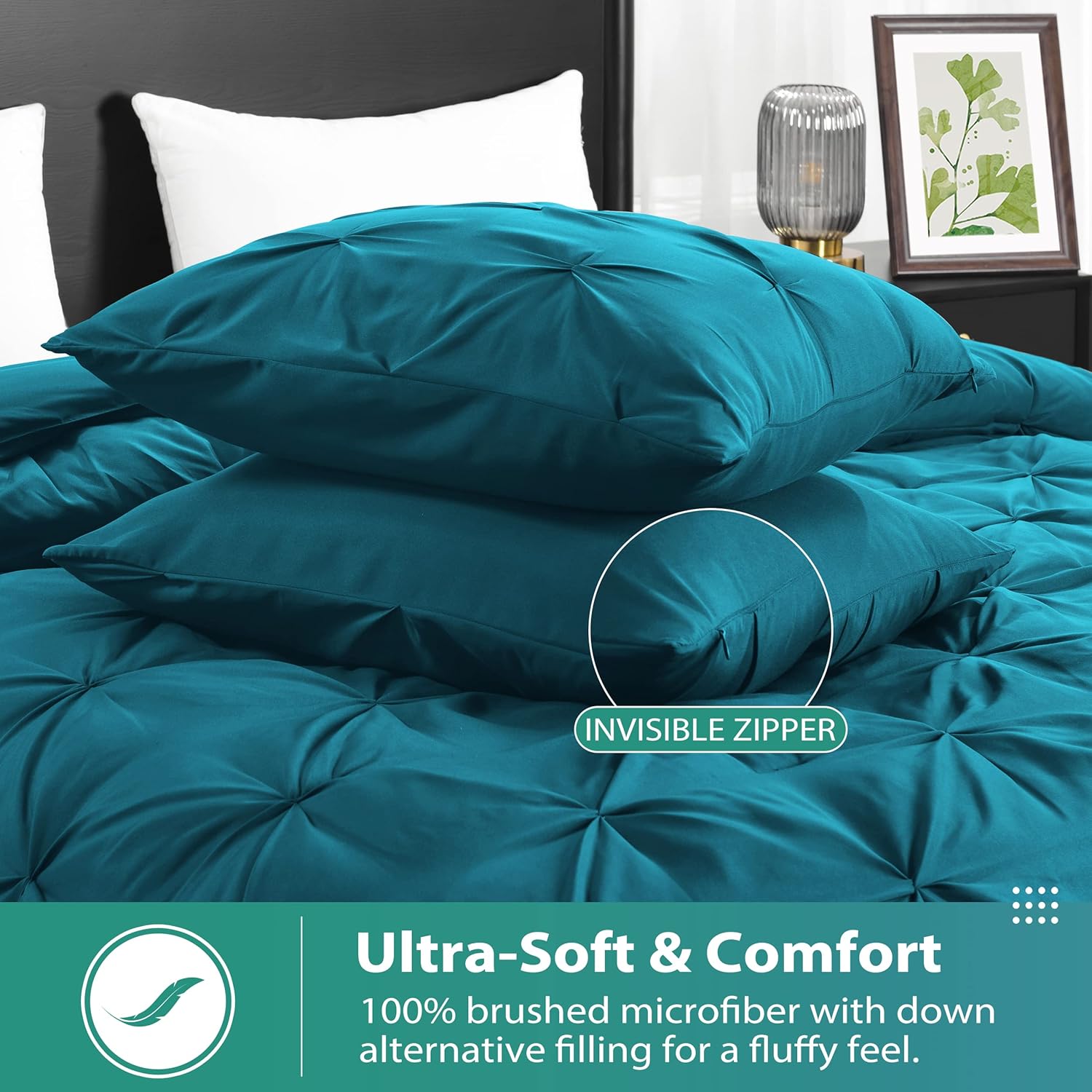 downluxe Pintuck – Juego de edredón Queen con 2 fundas de almohada, 3 piezas, juego de edredón de cama Queen color verde azulado cristalino para