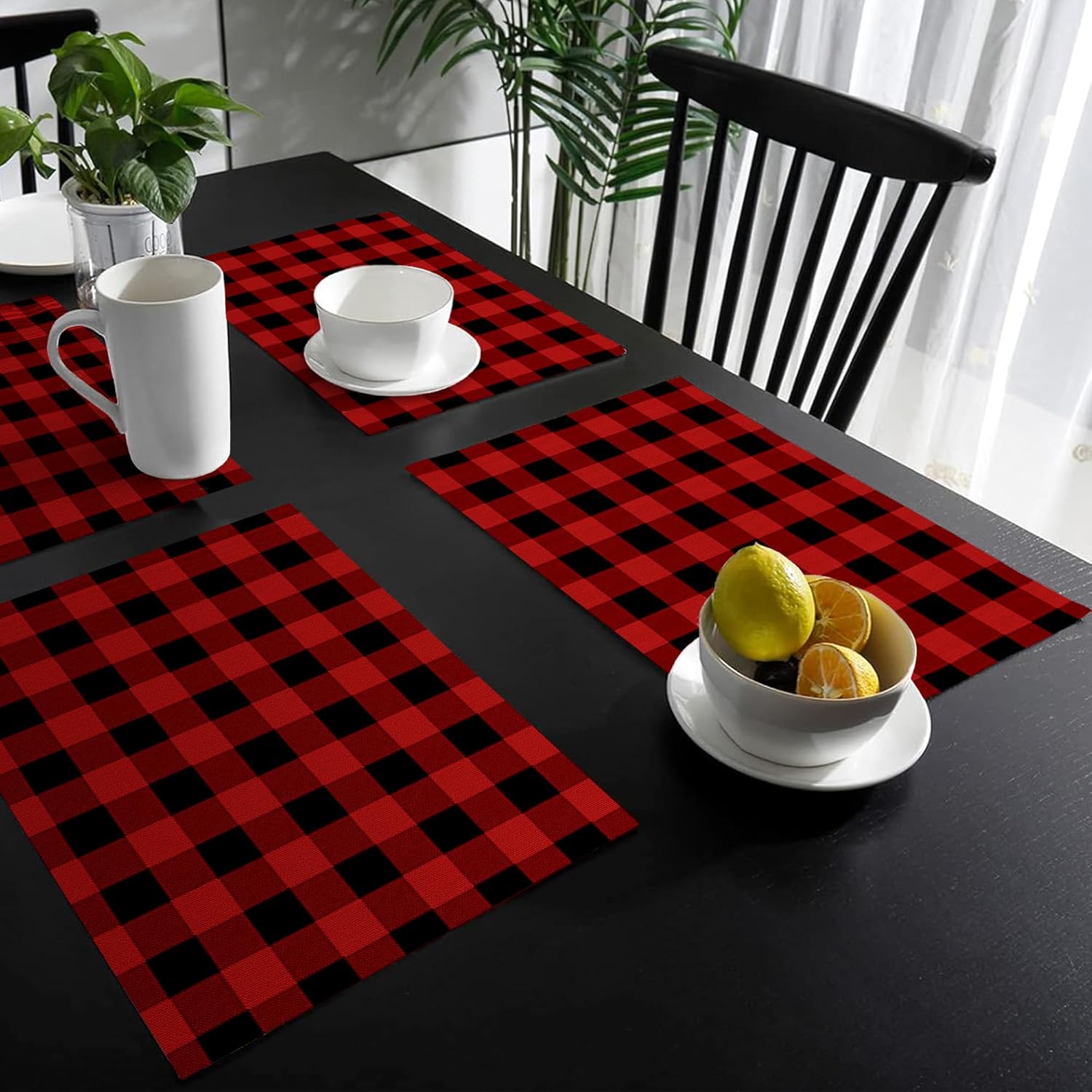 Juego de 6 manteles individuales a cuadros rojos y negros, manteles individuales de algodón y lino para mesa de comedor, para fiestas, cocina,