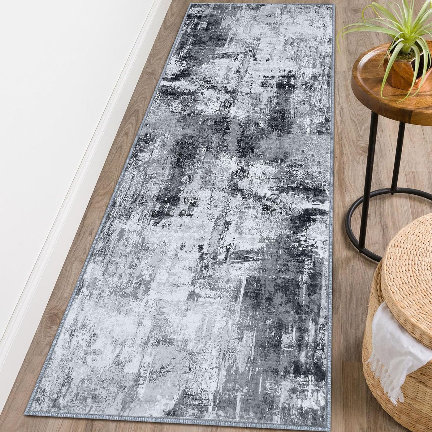 KOZYFLY Alfombra moderna abstracta de 2 x 6 pulgadas, lavable, color gris, para pasillos, cocina, alfombra antideslizante para pasillo de