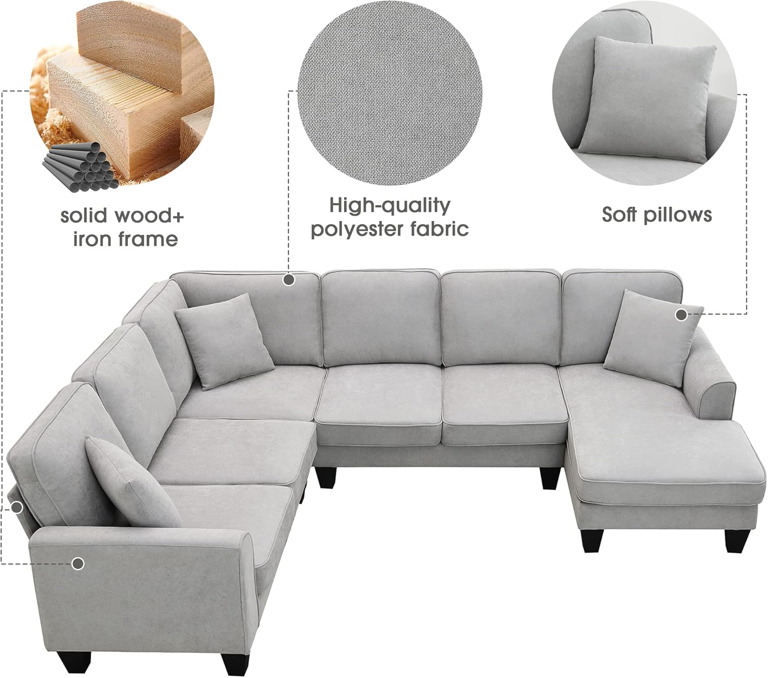Sofá modular modular en forma de U de 7 asientos para sala de estar, apartamento, oficina con 3 almohadas, 108 pulgadas, gris claro