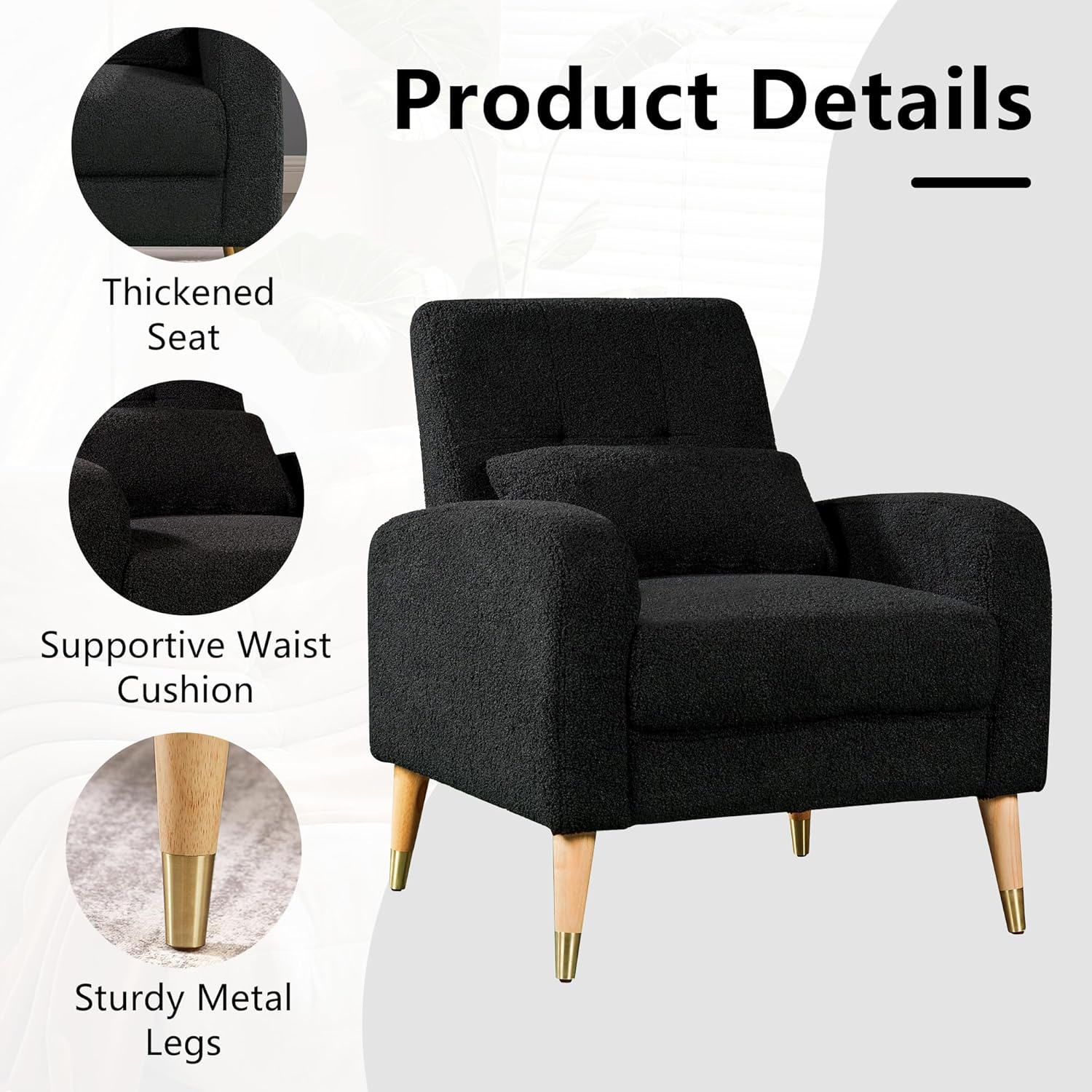 Dolonm Silla decorativa moderna de mediados de siglo, sillón tapizado, silla de sala de estar, cómoda silla individual con patas resistentes, silla