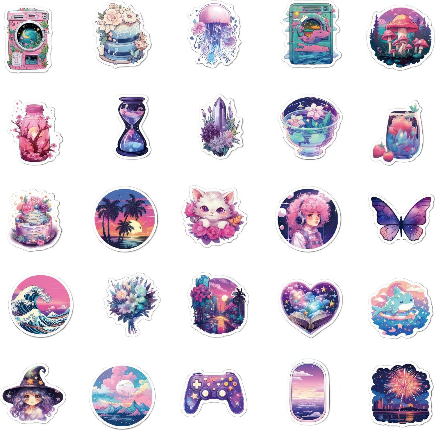 50 calcomanías de fantasía mágica de medianoche Kawaii para botellas de agua para niños, adolescentes, niñas, calcomanías moradas, calcomanías