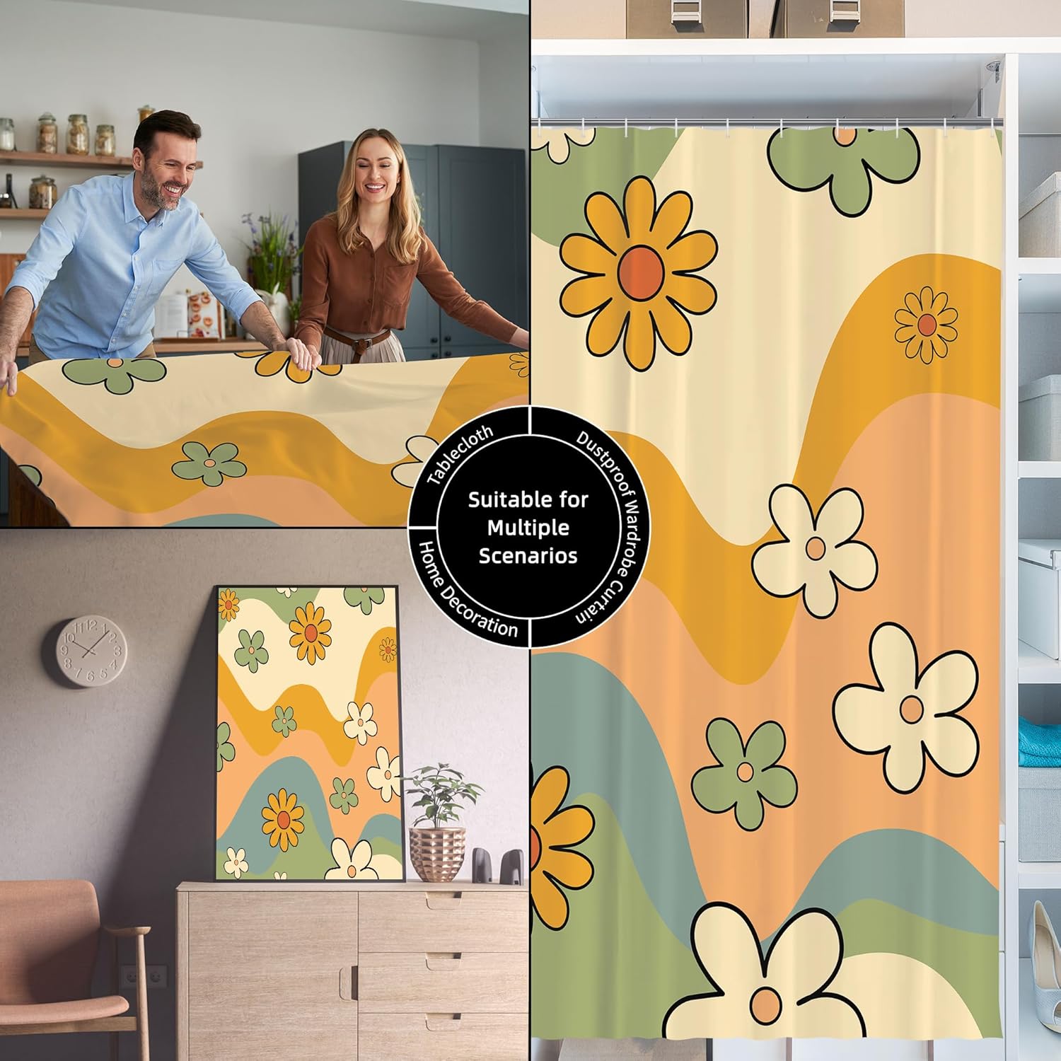 Cortina de ducha vintage con estética retro de los años 70 para baño, 72 pulgadas de ancho x 72 pulgadas de alto, diseño de margaritas abstractas,