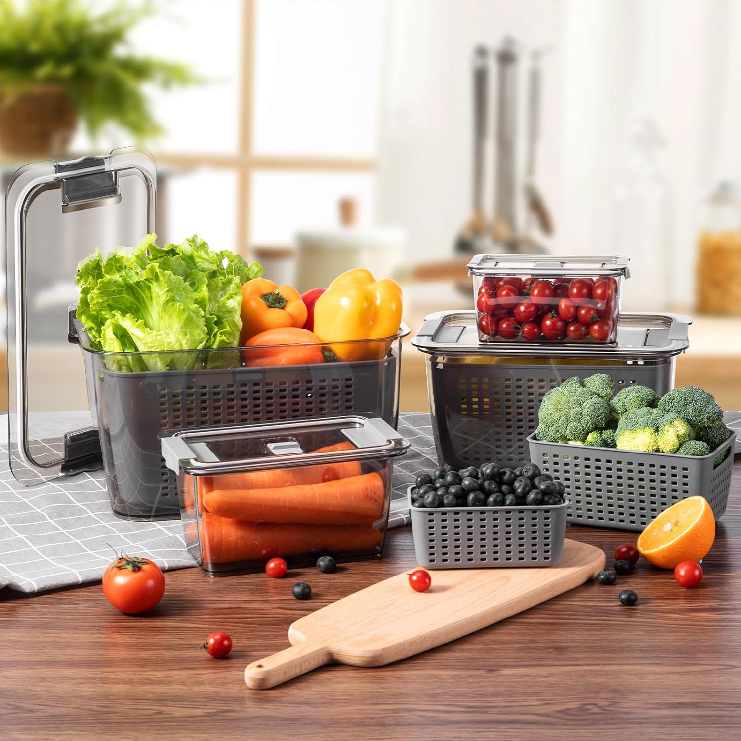 LUXEAR Paquete de 4 recipientes de frutas para refrigerador, contenedor de almacenamiento de verduras con tapas y colador extraíble organizador de