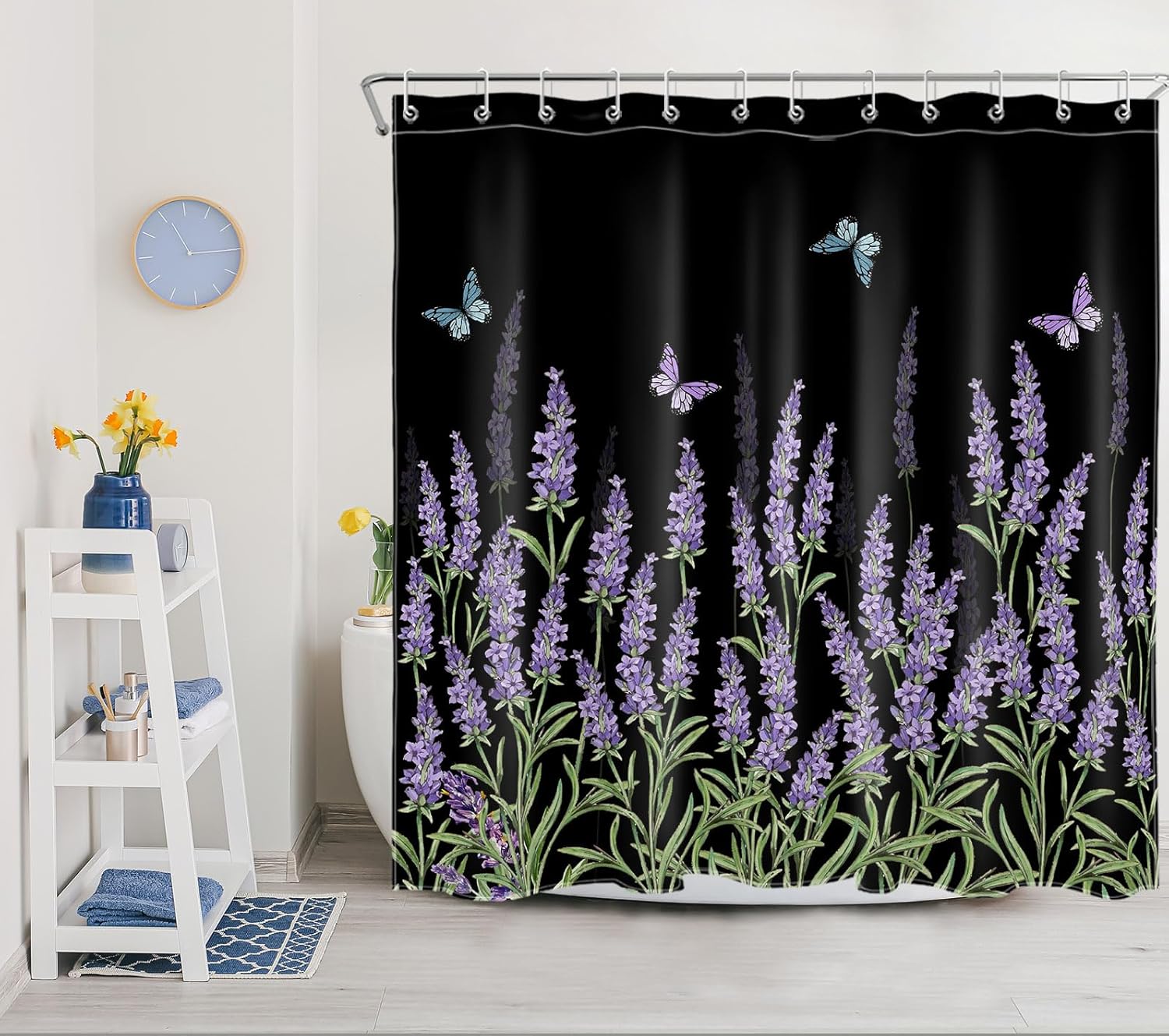 LB Butterfly and Floral Shower Curtain Sets with Rugs Lavender Flower with Green Leaves on Black Fabric Shower Curtain with Hooks Nature Botanical