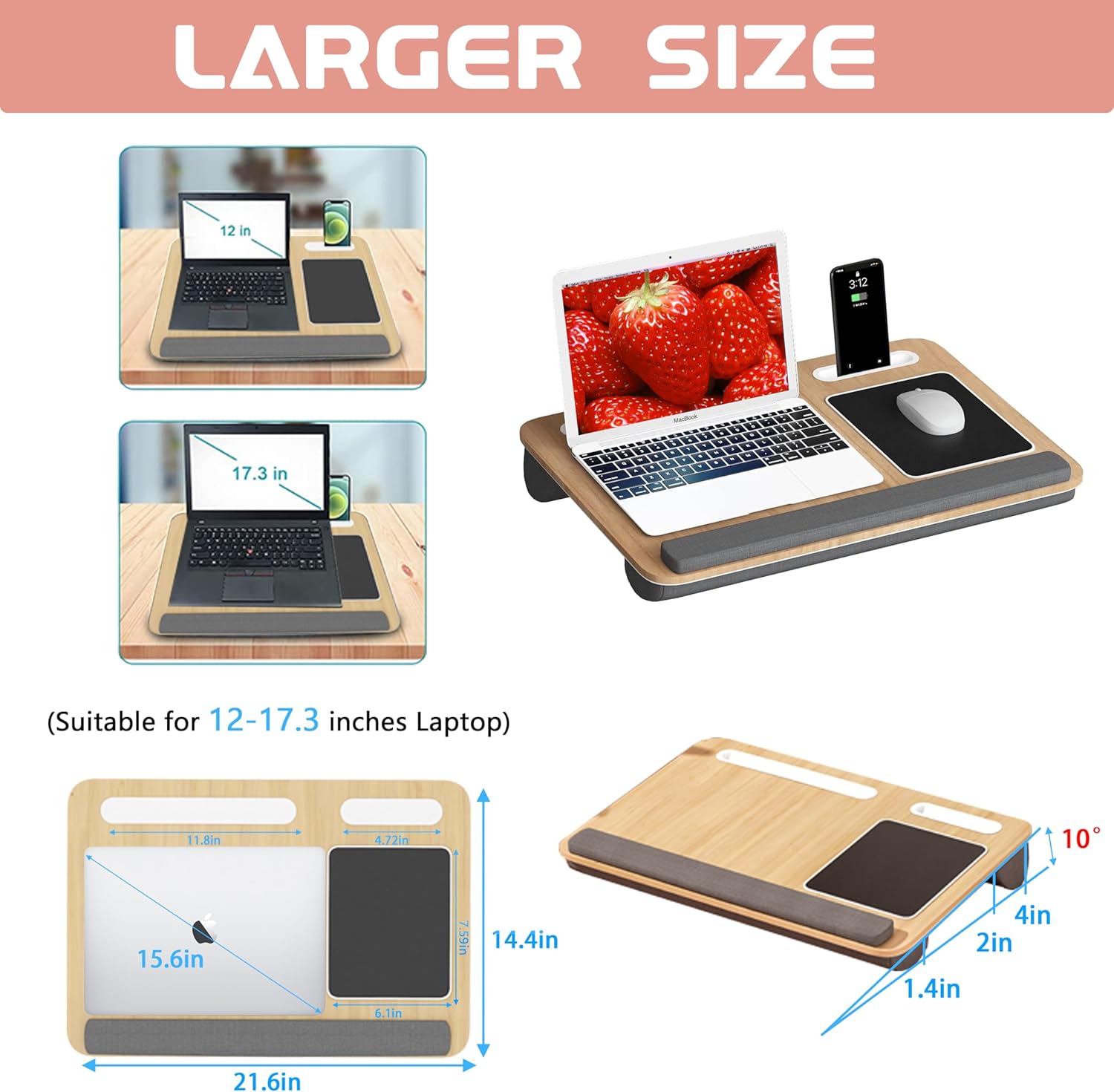 BORNOON Escritorio de regazo para laptop de hasta 17 pulgadas, escritorio de regazo portátil con cojín de almohada, alfombrilla de mouse