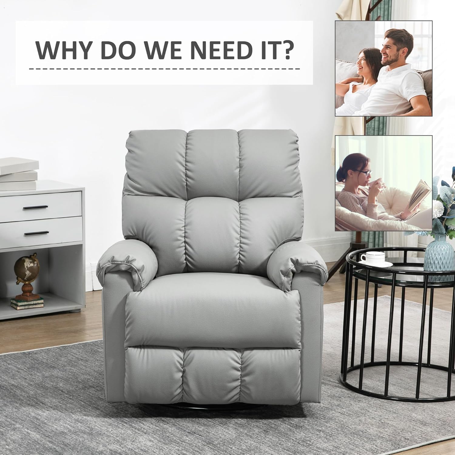 HOMCOM Rocker – Silla reclinable con respaldo y asiento sobrerelleno, silla reclinable manual de piel sintética con reposapiés y base de rotación