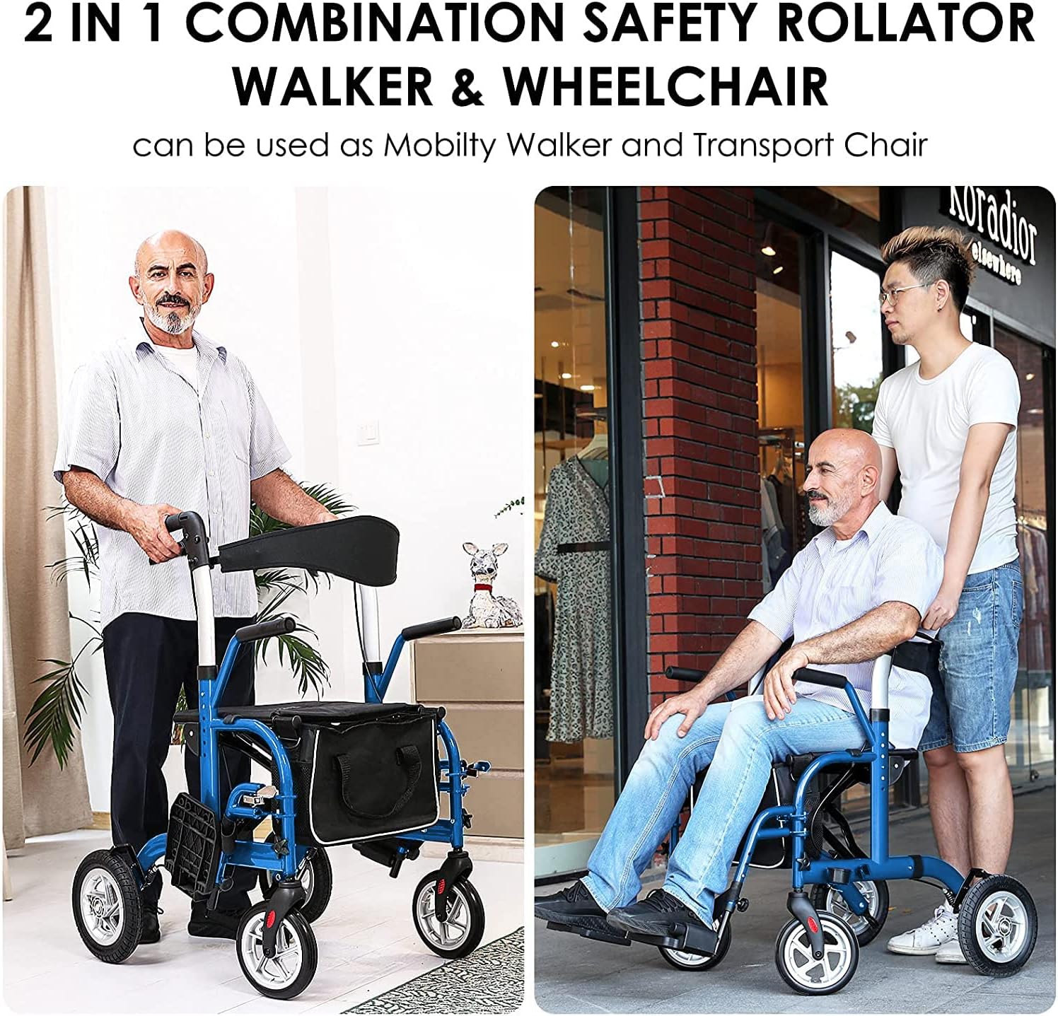 Andador con ruedas 2 en 1 para personas mayores, andador médico con asiento, rodillo plegable para silla de ruedas de transporte con ruedas traseras