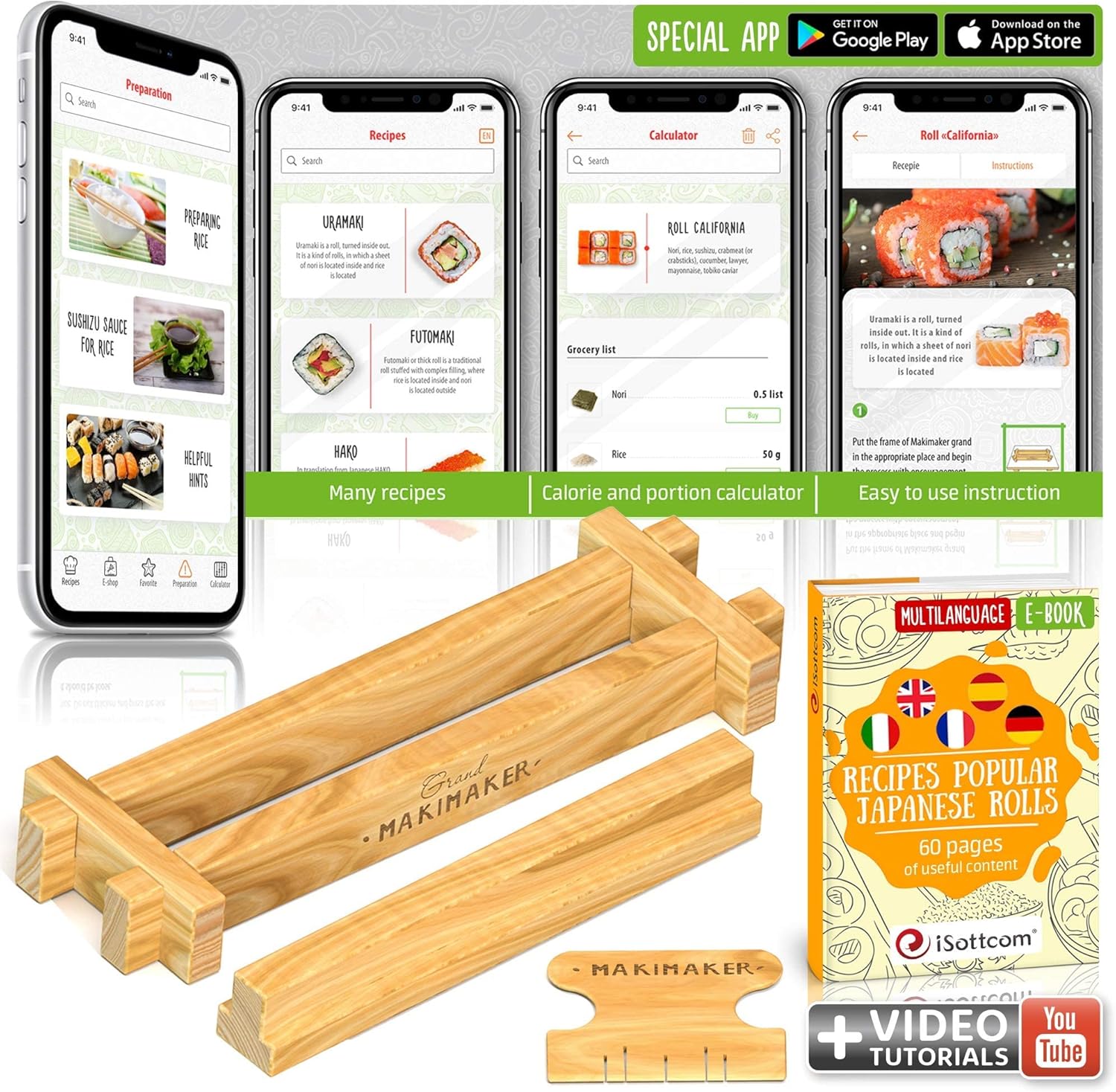 Kit de fabricación de sushi y maki, kit de fabricación de sushi de bricolaje que incluye molde Maki de bambú y esparcidor de arroz, rodillo de sushi