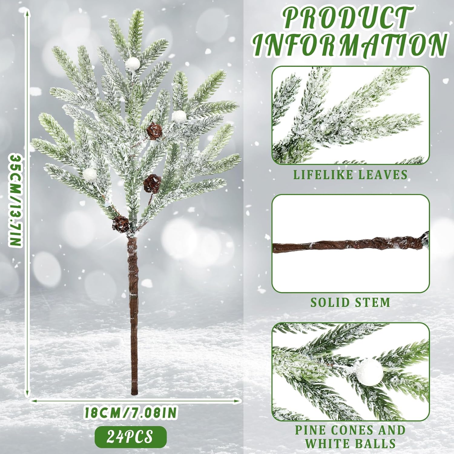 Cindeer 24 piezas de piñas artificiales de pino nevado de Navidad de 14 pulgadas en aerosol de cedro sintético, ramas esmeriladas para arreglos
