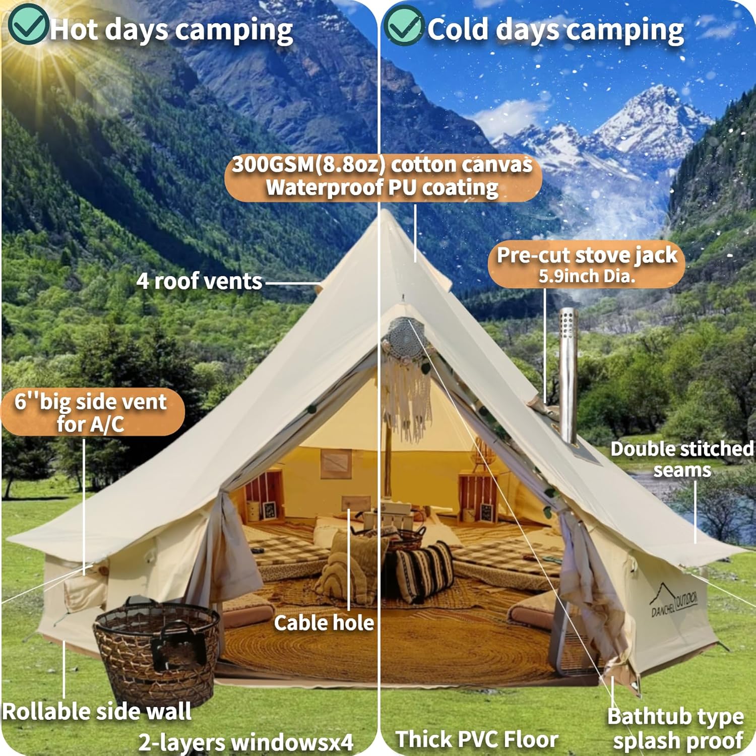 DANCHEL OUTDOOR Tienda de campaña impermeable con gato de estufa, mosca de lluvia para 4 estaciones, lona de huella de tienda de yurta para 4