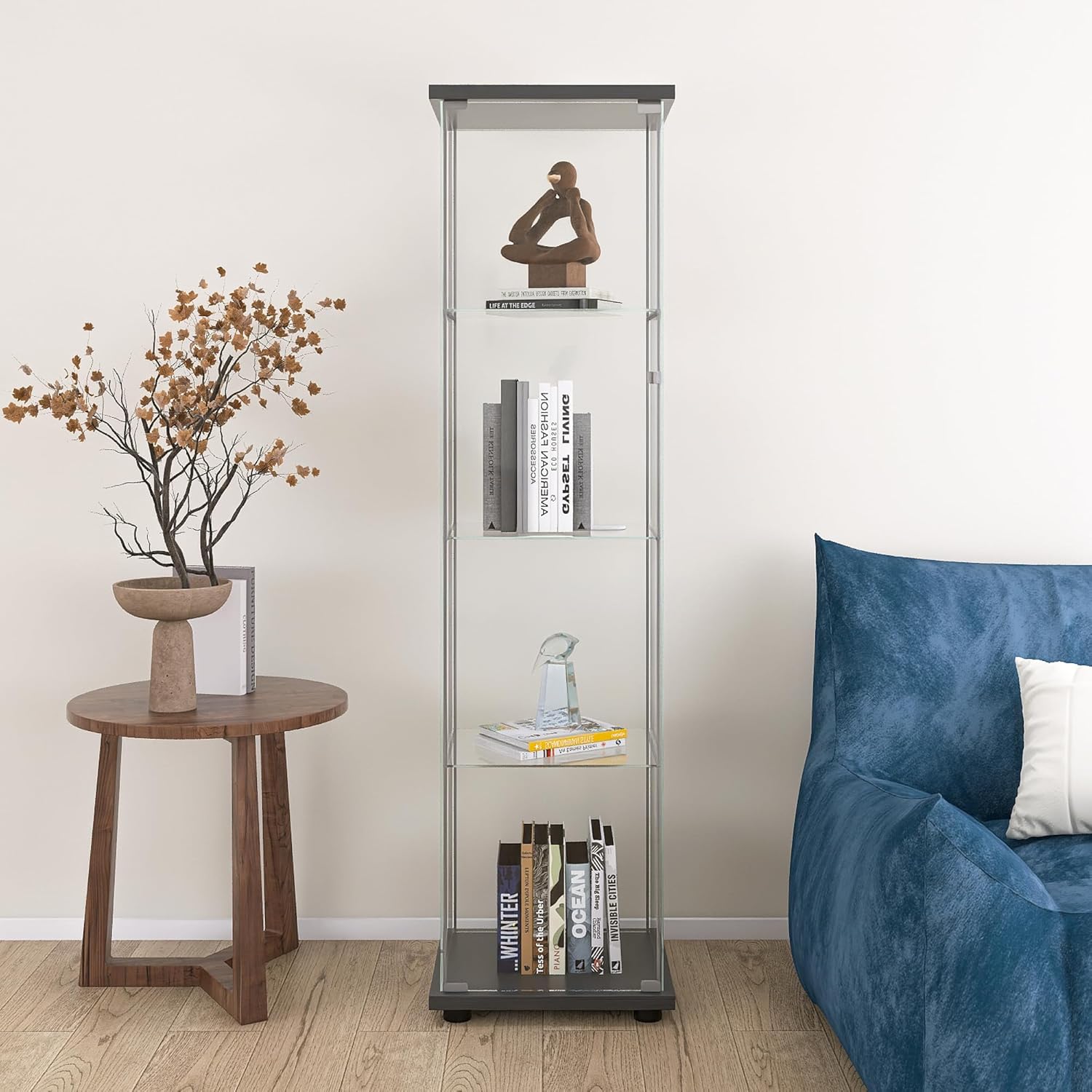 Yoluckea Gabinete de cristal, 4 estantes de cristal con puerta, gabinete de exhibición de cristal de la colección Curio Cabinet para oficina en