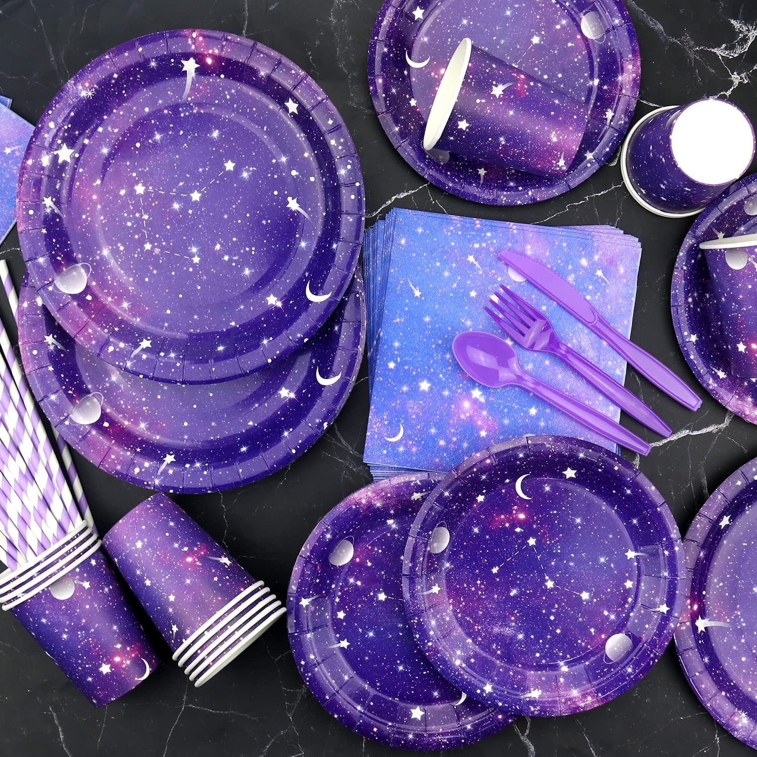 Suministros de fiesta de galaxia, incluye telón de fondo de cumpleaños de galaxia espacial, platos, servilletas, vasos, mantel, globos, globos de