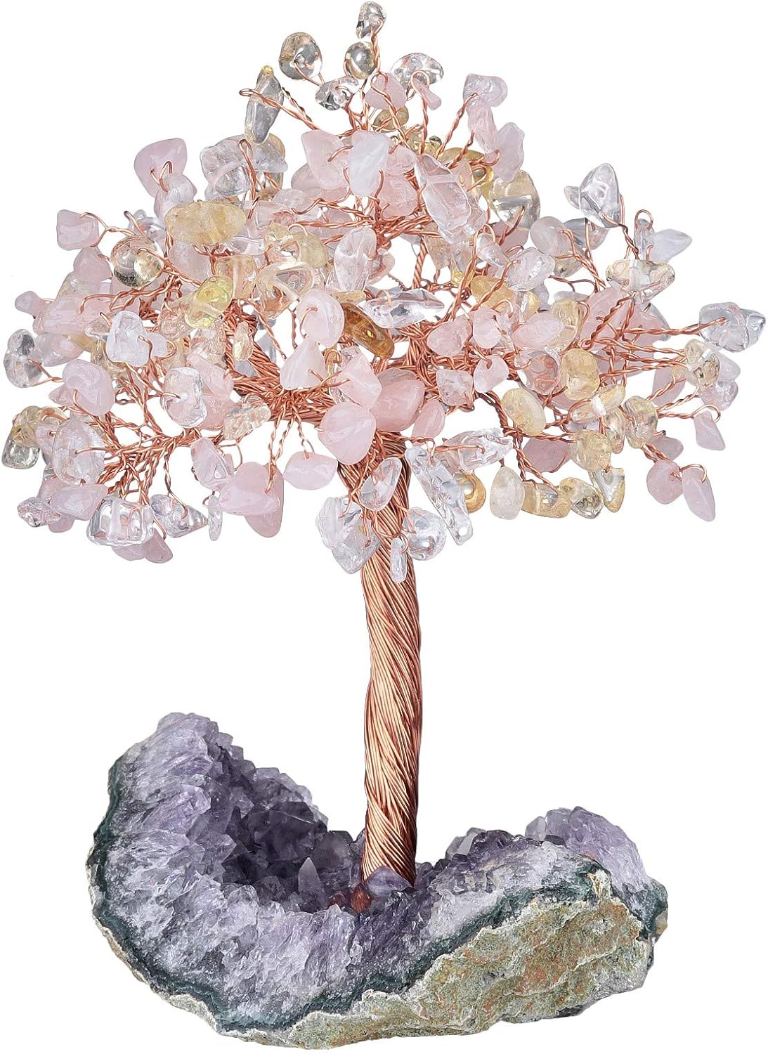 Yatming – Árbol de piedra curativa de cuarzo rosa, cuarzo rocacitrino con base de racimo de geoda de amatista natural, decoración de árbol bonsái de