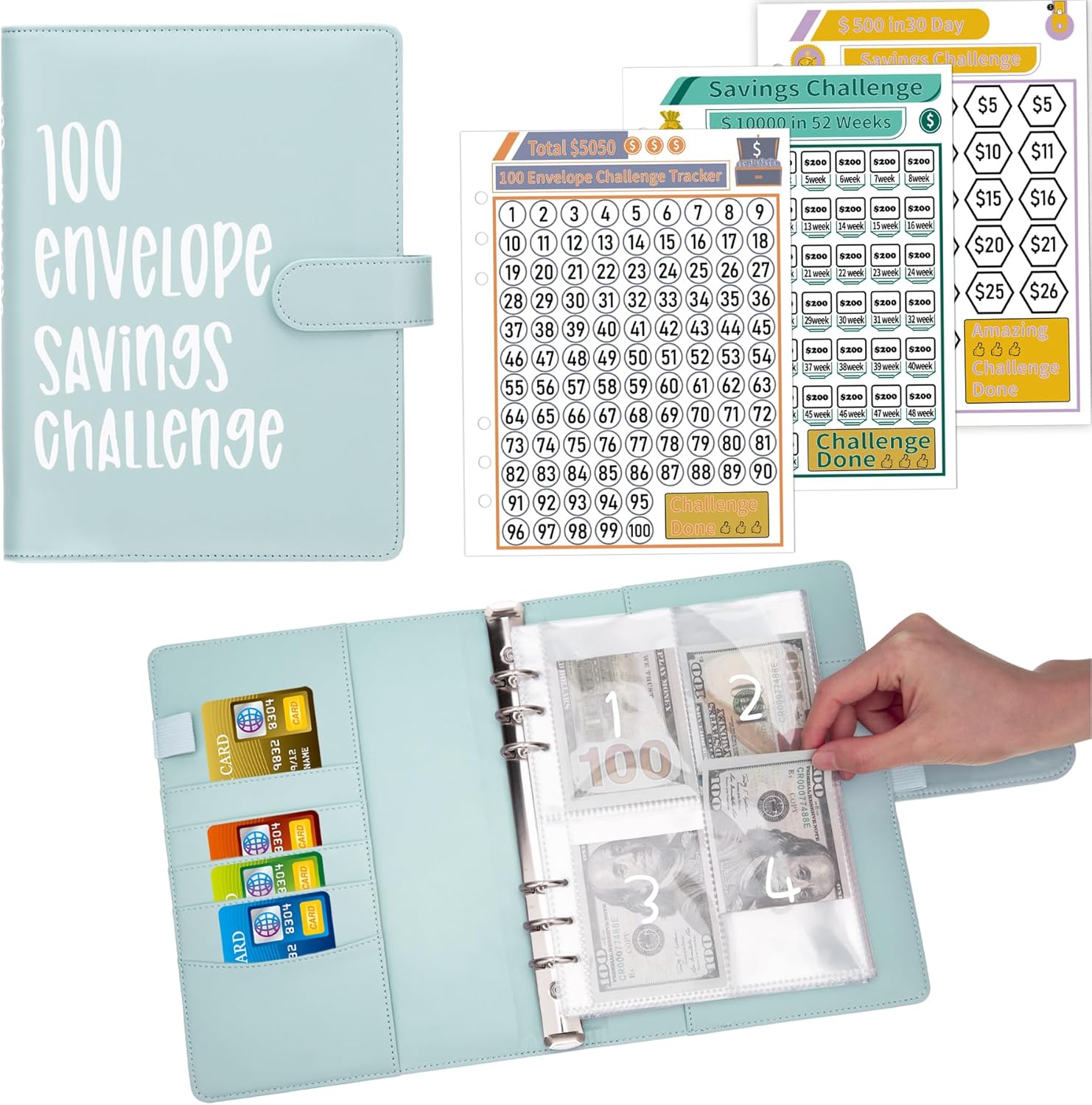Carpeta de desafíos de ahorro de dinero con 100 sobres, carpeta de presupuesto A5 con sobres de efectivo, libro de desafíos de ahorro para ahorrar