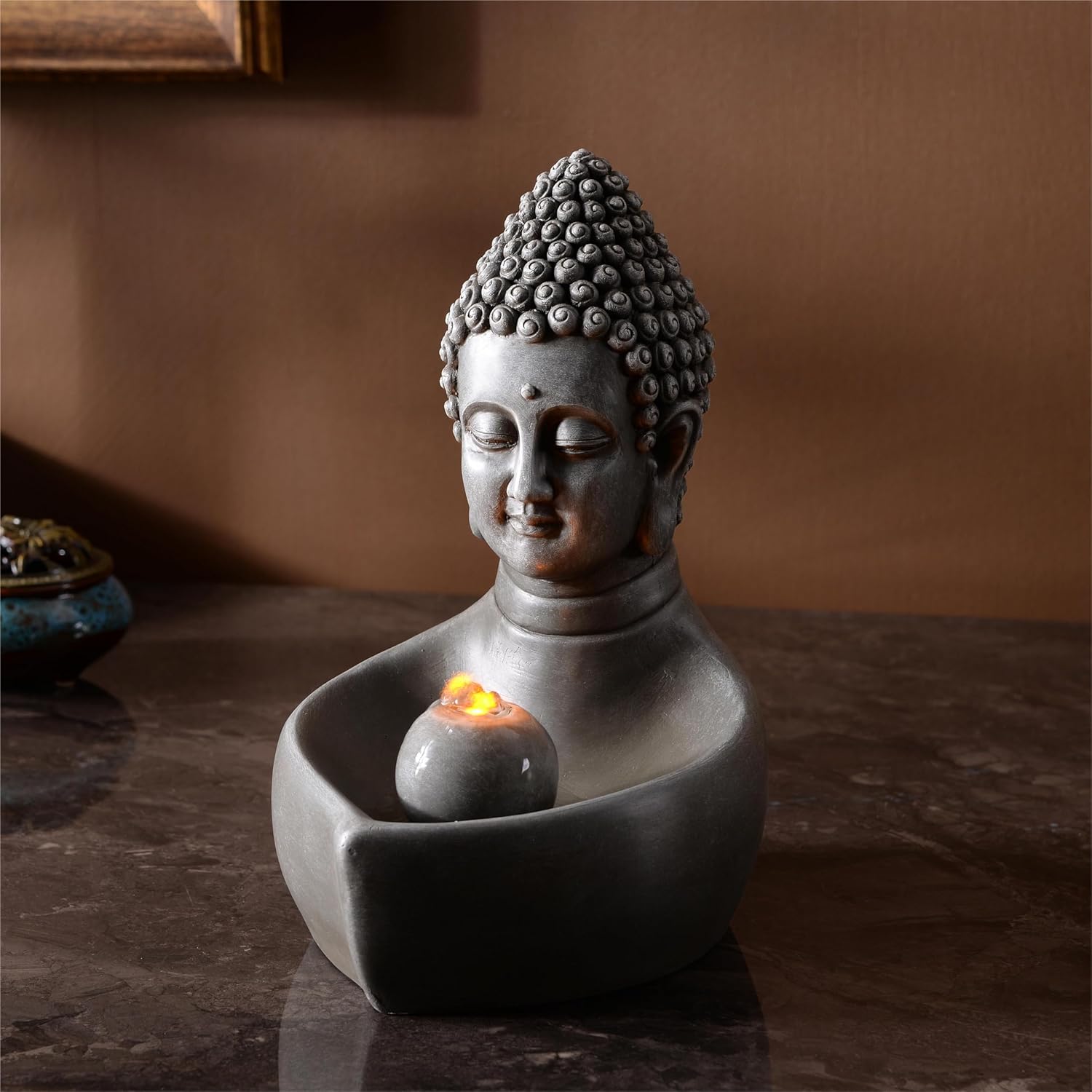 Fuente interior cascada de mesa Buda Fuente Zen Mini cascada para espacios interiores Luz LED cálida para decoración tranquila del hogar (23082)