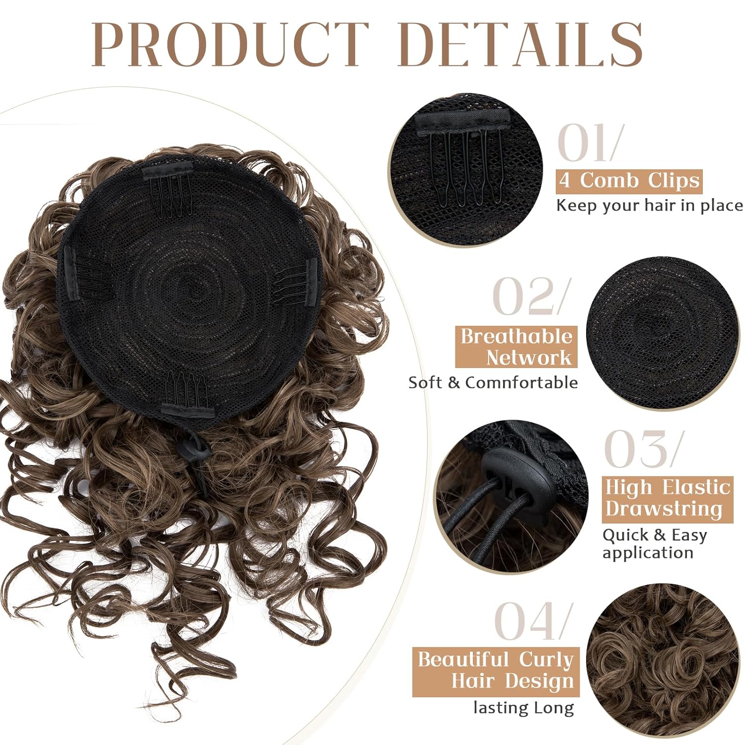 Benehair Moño desordenado para mujer, cordón elástico, suelto, ondulado, rizado, extensión de cola de caballo, extensiones de cabello sintético para