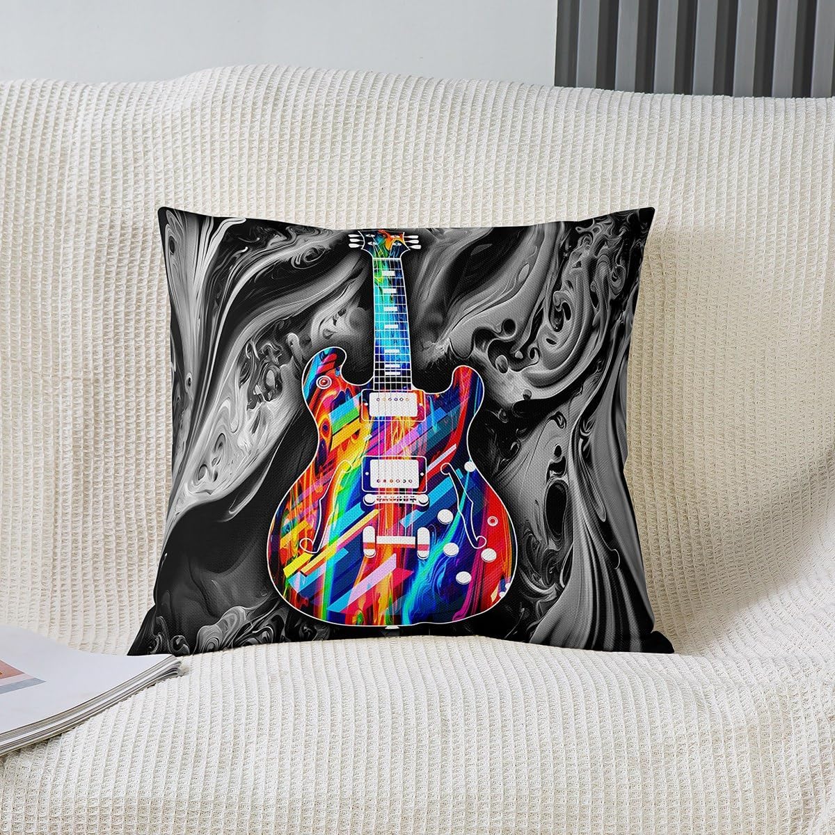Funda de almohada colorida de guitarra con teñido anudado para sofá, funda de cojín cuadrada con textura de mármol abstracto para niños y niñas, 16