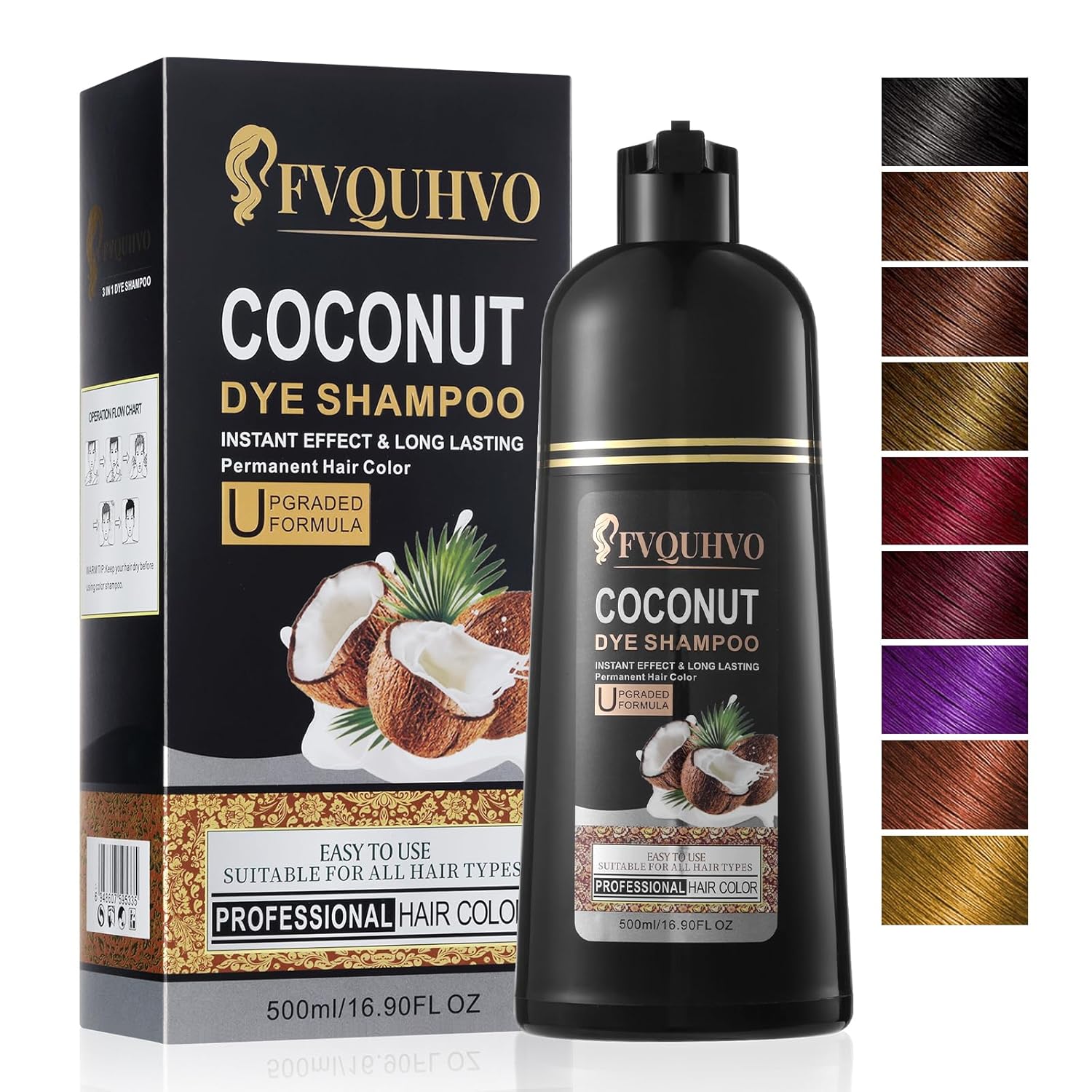 Champú de tinte para el cabello 3 en 1, tinte para el cabello con aceite de coco, champú de color para el cabello para mujeres y hombres, champú