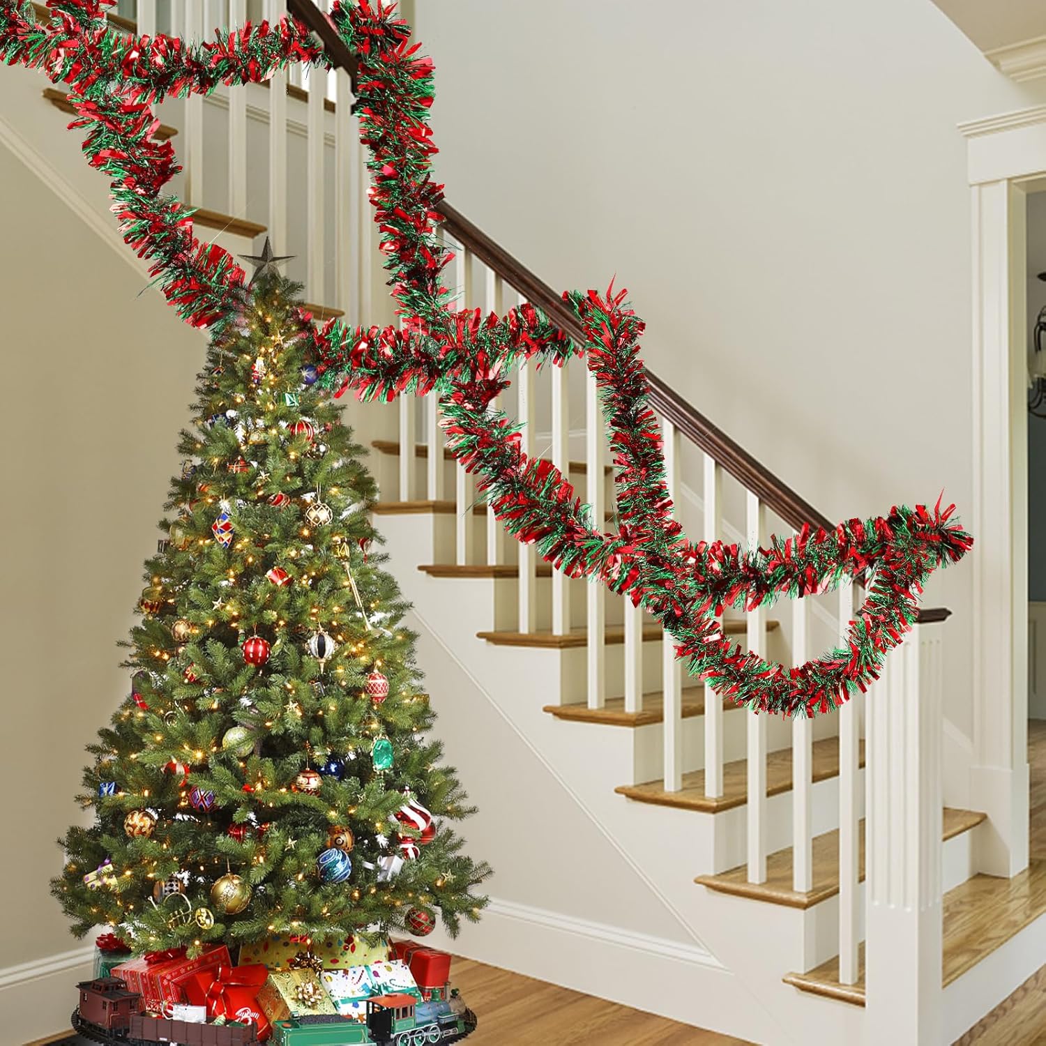 Guirnalda de oropel de Navidad de 72 pies, decoraciones metálicas gruesas y elásticas para árbol de Navidad, adornos de Navidad rojos y verdes