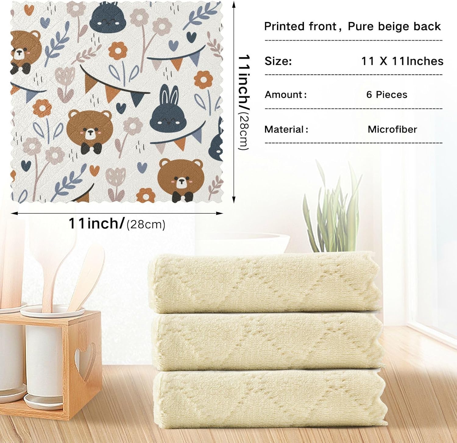 FRODOTGV Lindo oso conejito toalla de microfibra decorativa de calidad vegetal para cocina, secado rápido, paquete de 6 toallas de cocina para mesa