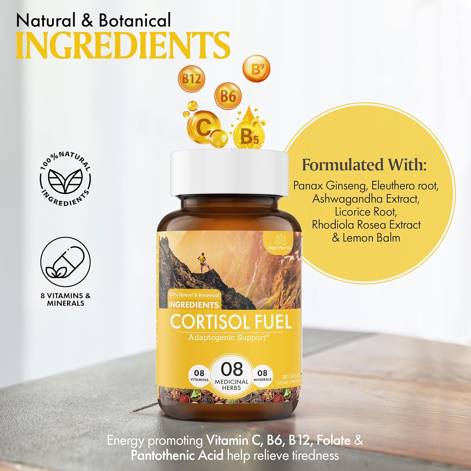 Angel Pure Cortisol Fuel Suplemento para aliviar el estrés sin alérgenos Ashwagandha Rhodiola de magnesio para apoyar el eje HPA, alivio de fatiga