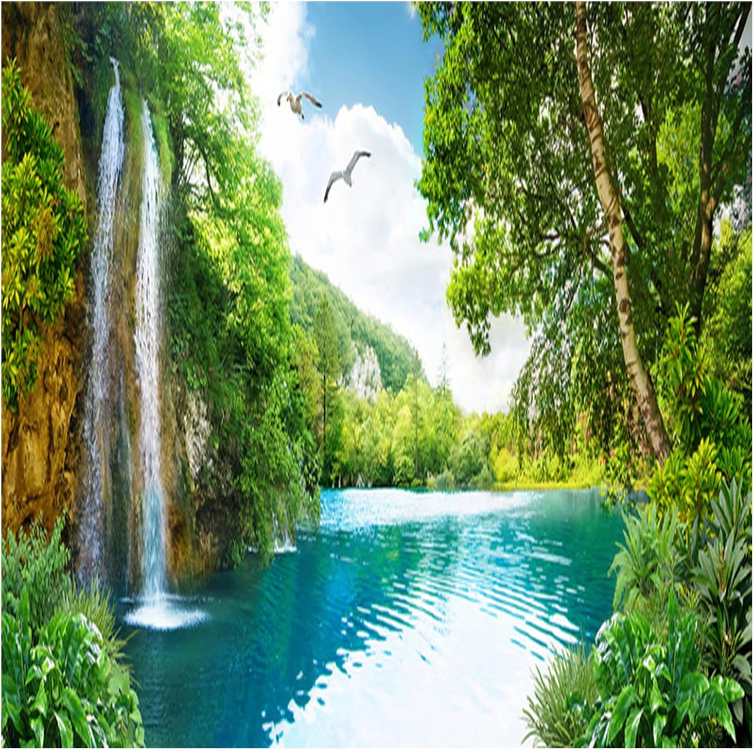 Pintura de paisaje 3D, paisaje de montaña, cascada, Jiangnan, paisaje junto al mar, cocoteros, sala de estar, sofá, comedor, dormitorio, TV, Mural
