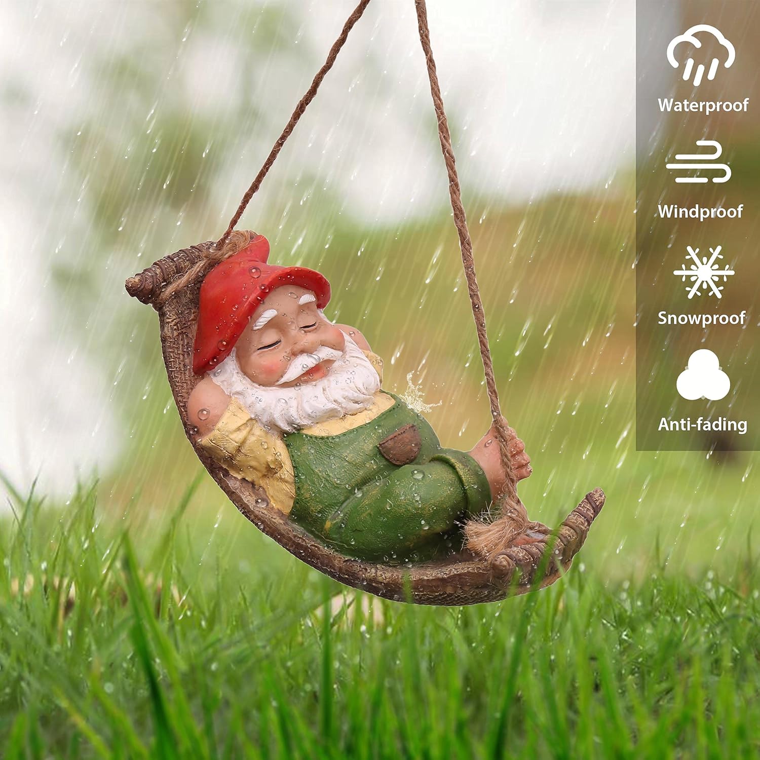 Divertidos gnomos de jardín, bonitos gnomos decorativos para exteriores, estatua colgante para exteriores, gnomo soñoliento en hamaca de hojas